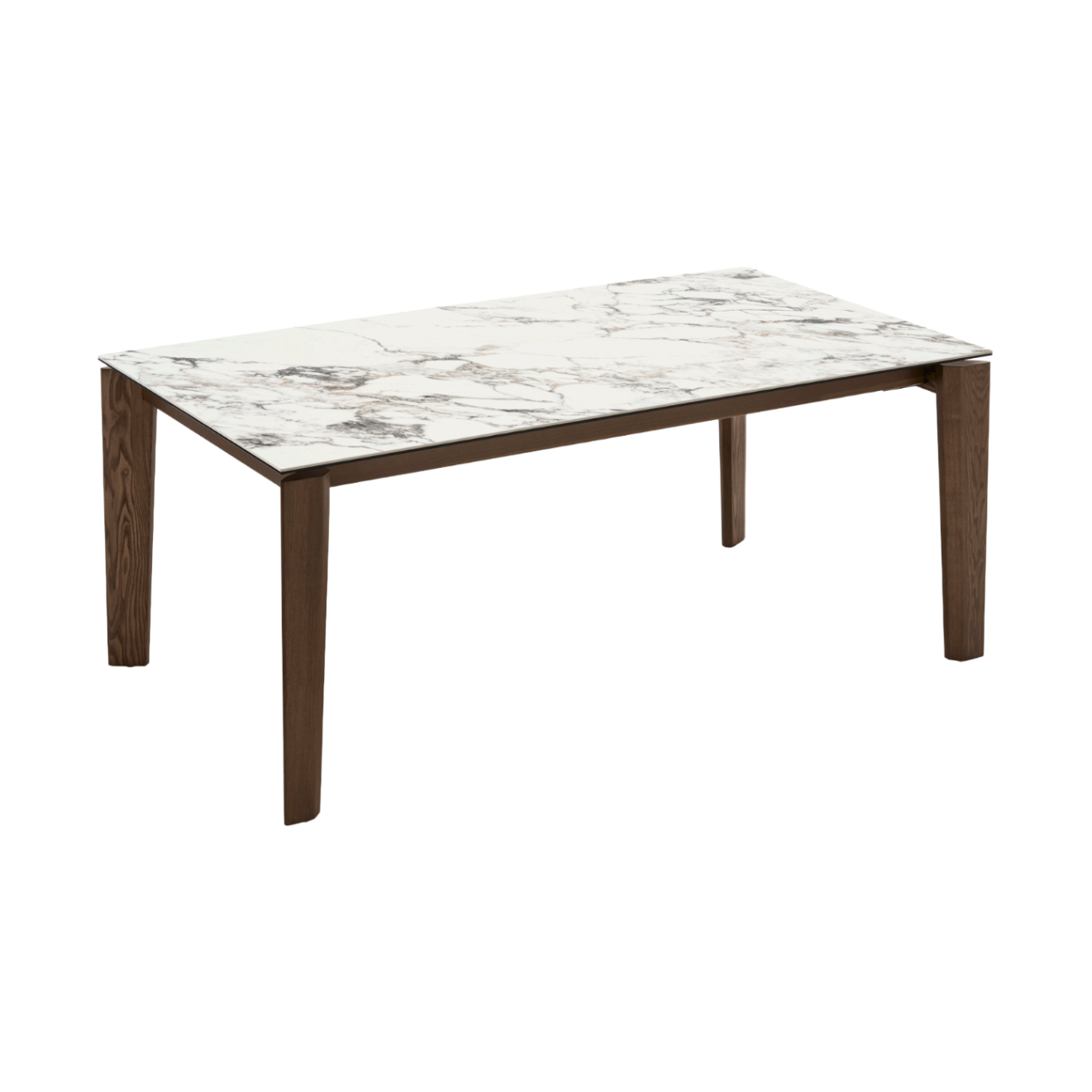 Uitschuifbare tafel DOGMA met een wit blad en een donkere houten basis