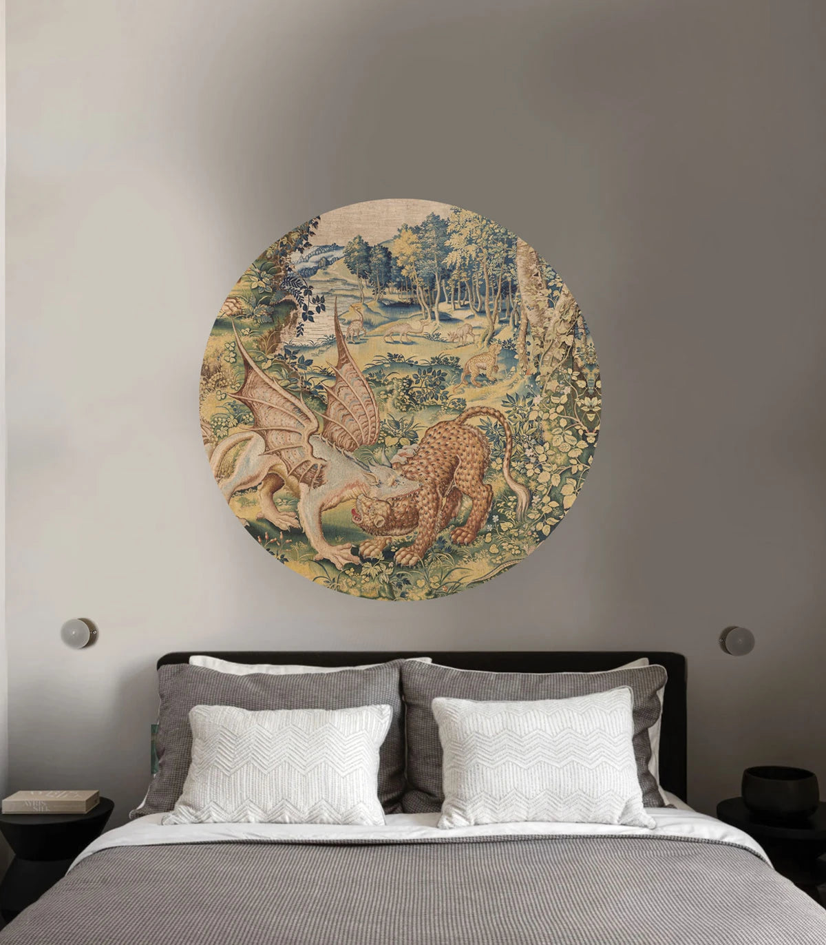 Muurschildering in de vorm van een cirkel DOTS - DRAGON ARRAS zandbeige met groen