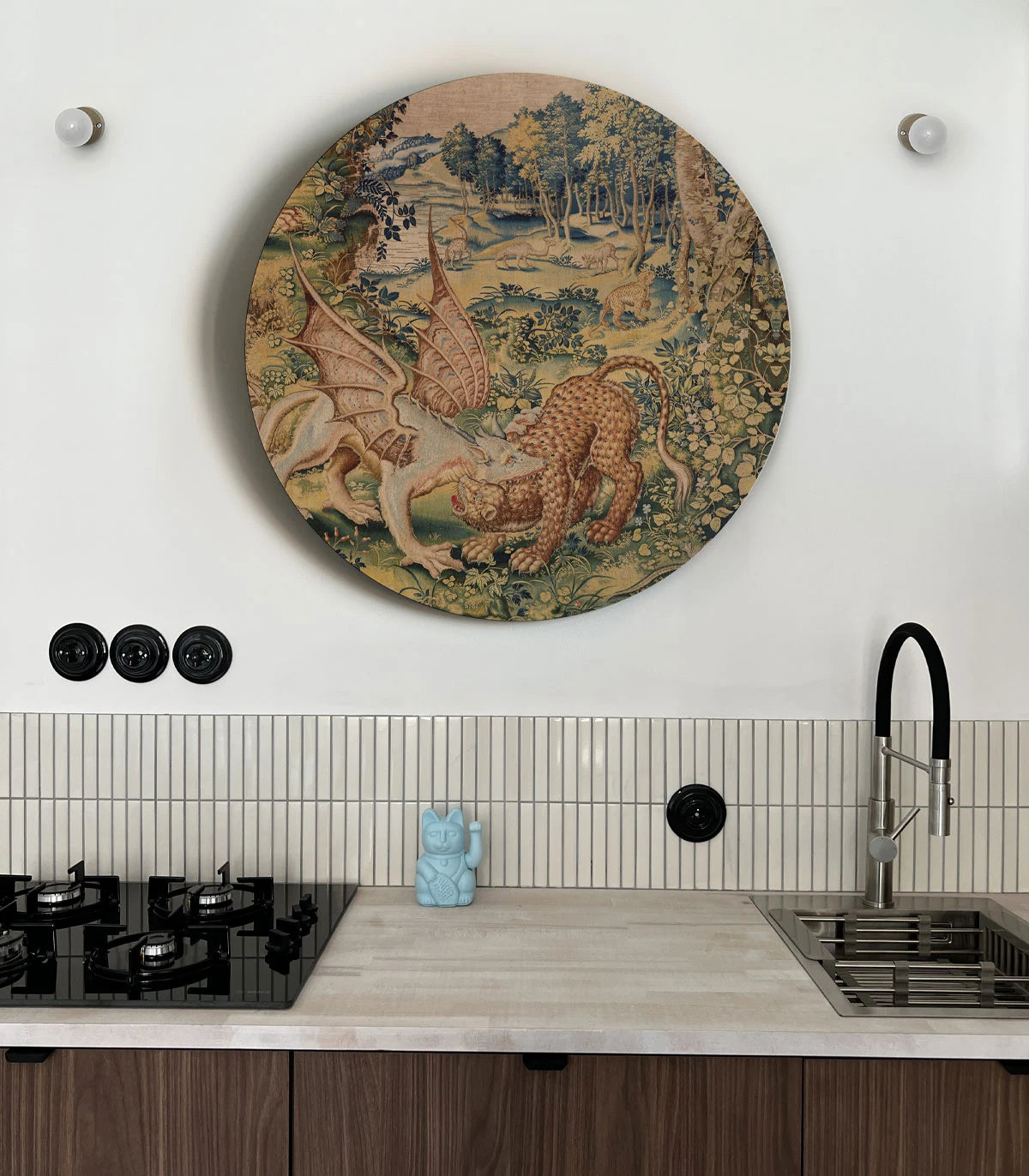 Muurschildering in de vorm van een cirkel DOTS - DRAGON ARRAS zandbeige met groen