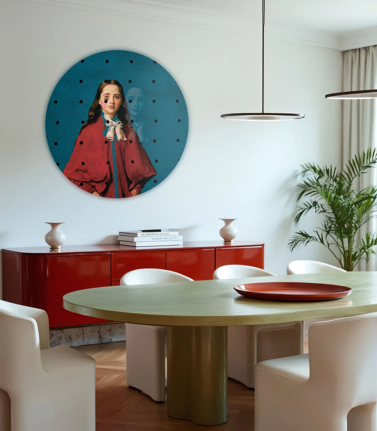 Mural w kształcie koła DOTS - GIRL IN RED blau mit rot