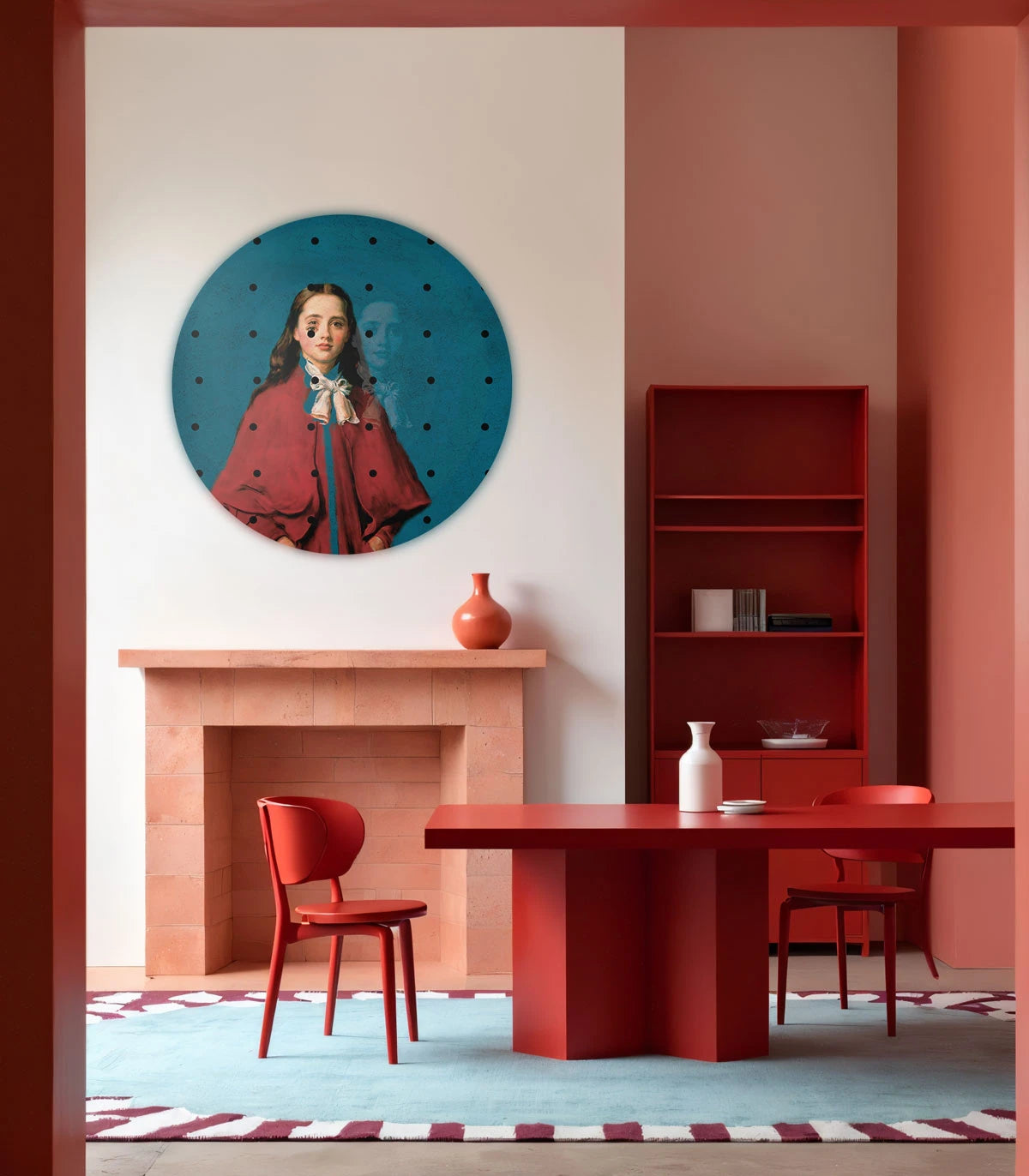 Mural w kształcie koła DOTS - GIRL IN RED blau mit rot