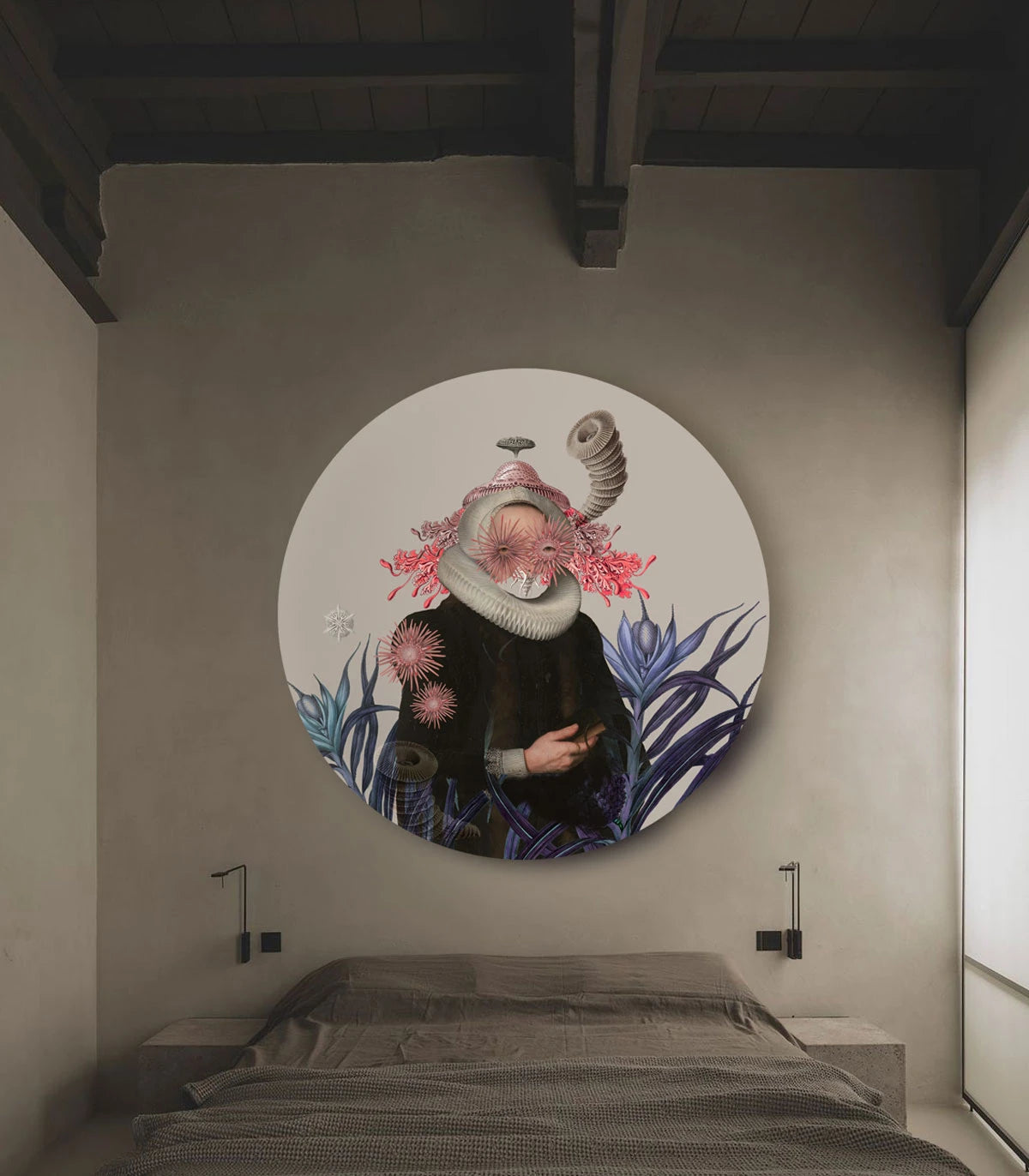 Muurschildering in de vorm van een cirkel DOTS - LADY MEDUSA beige