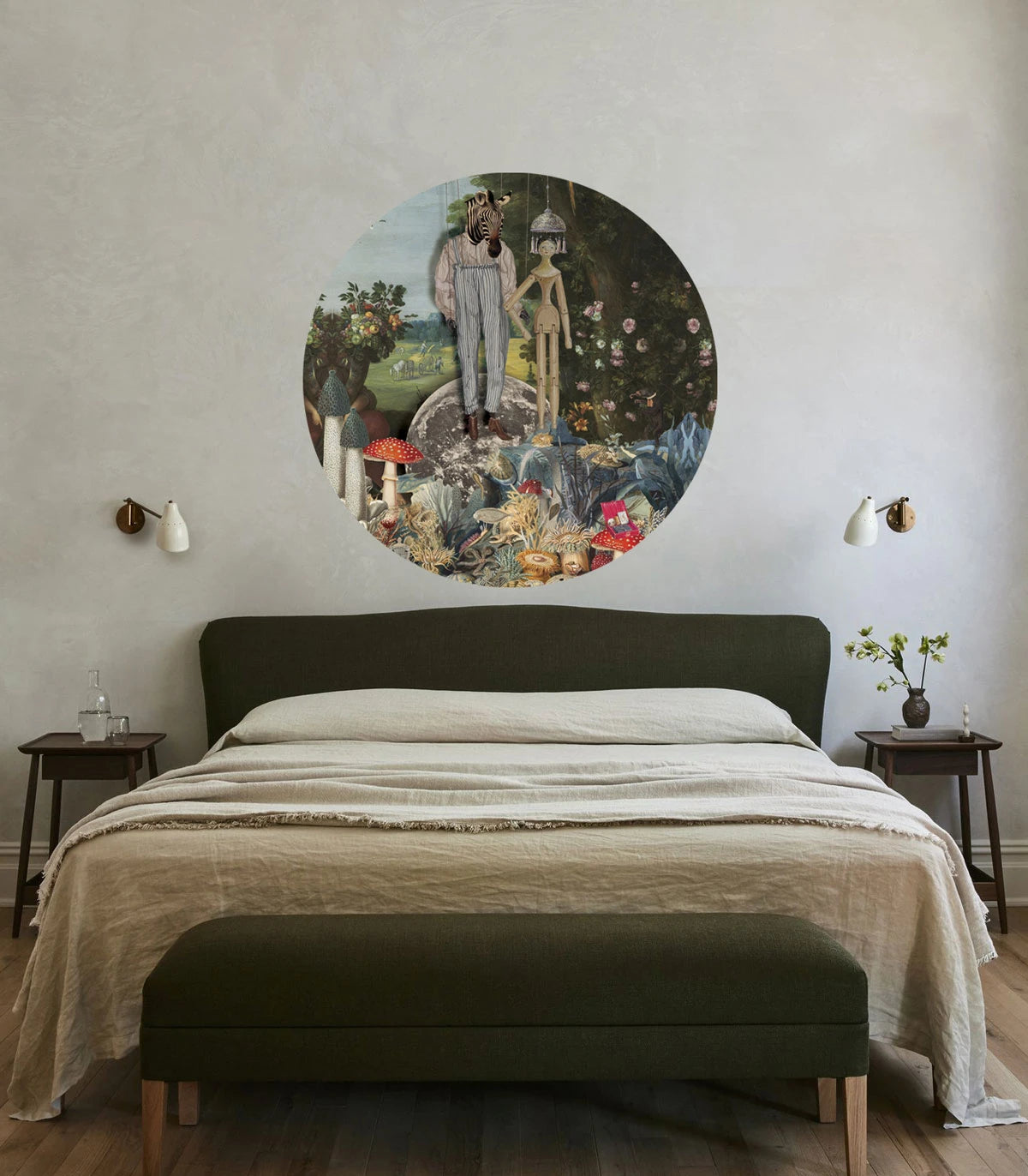 Muurschildering in de vorm van een cirkel DOTS - PUPPETS donkergroen met blauw