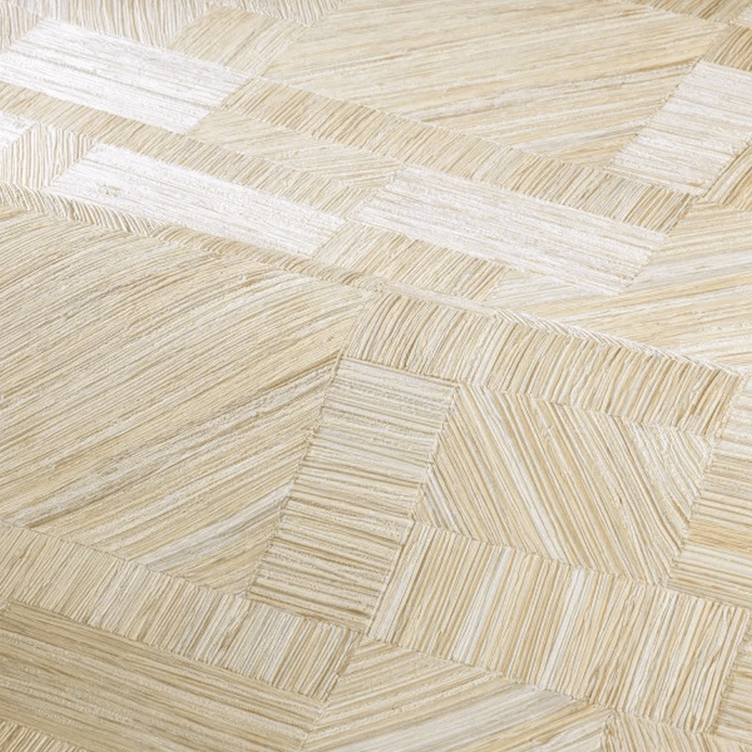 Geometrisch structuurbehang dat een stroken patchwork imiteert IMBRICATION - IVOIRE beige