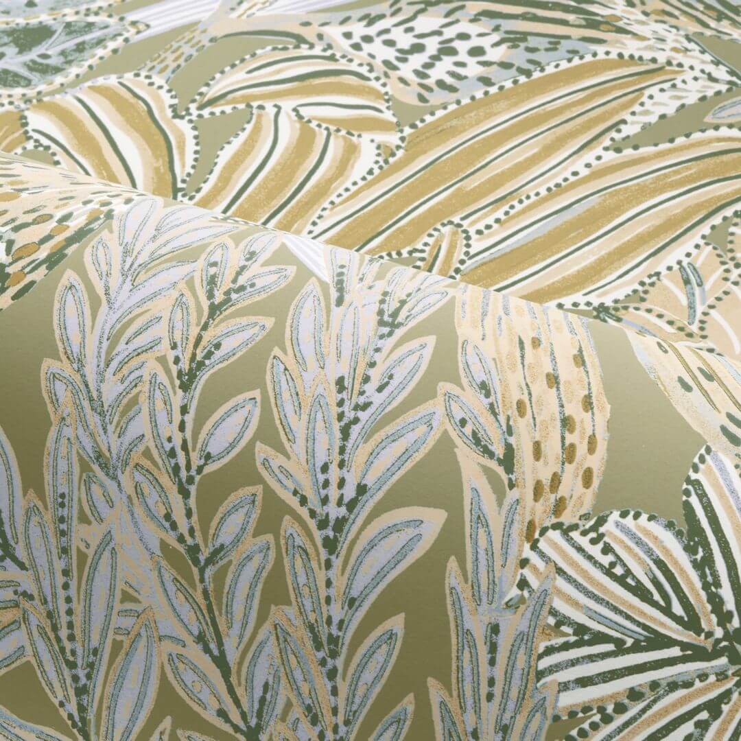 Tapete mit tropischem Blattmotiv BORROMMEE - SAUGE/LILAS beige mit lilafarbenen Akzenten