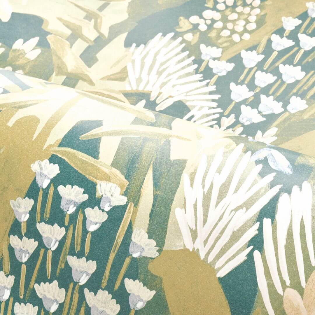 Plant-themed wallpaper with leaves and flowers ERICA - SAGE/LILAC gray-green