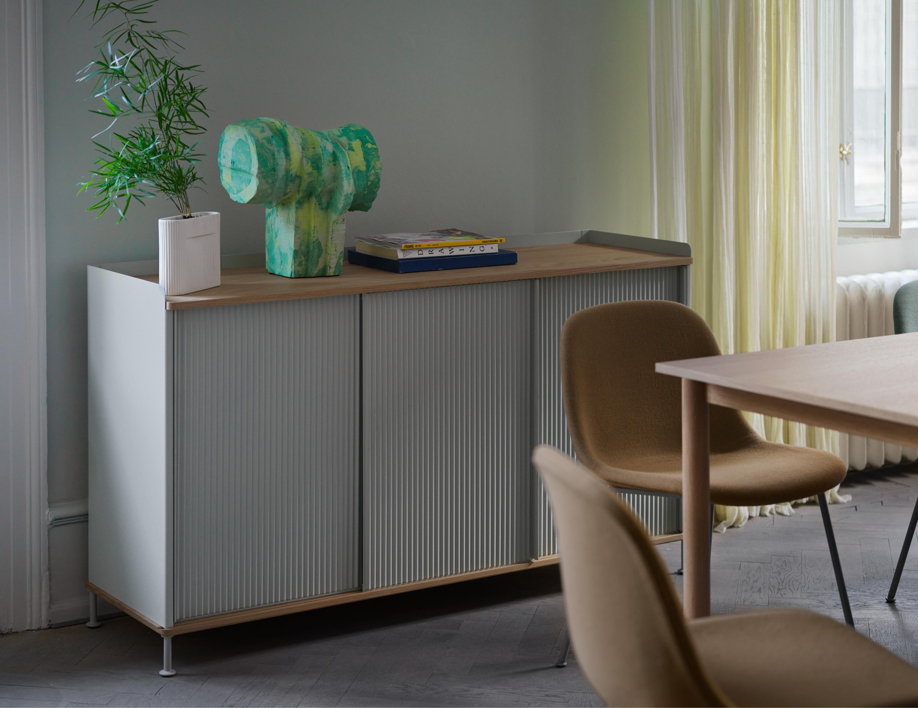 ENFOLD Chest of Drawers in Dirty Green with Oak Top