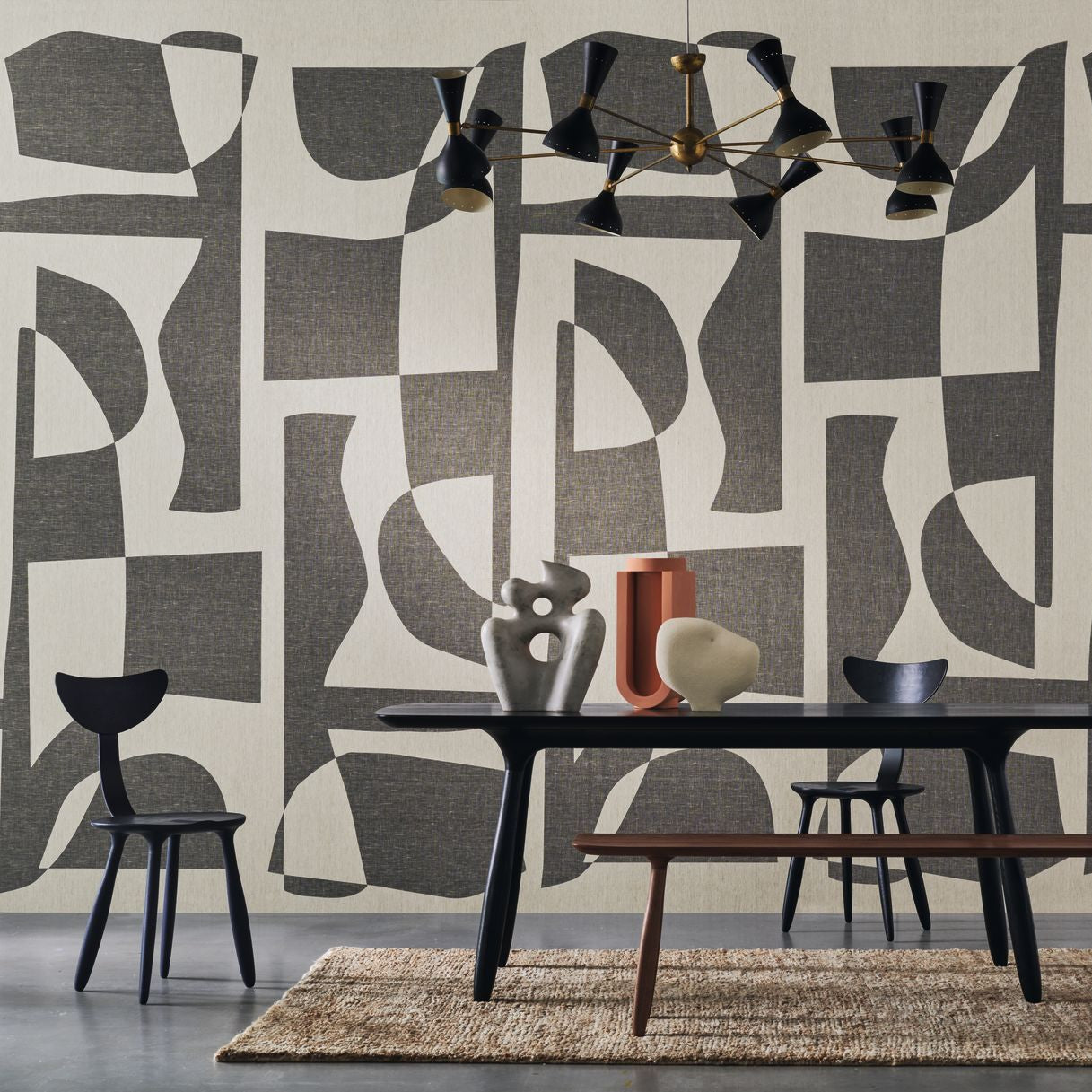 Textilwandbild mit geometrischem Muster CONCORDANCE beige mit braun