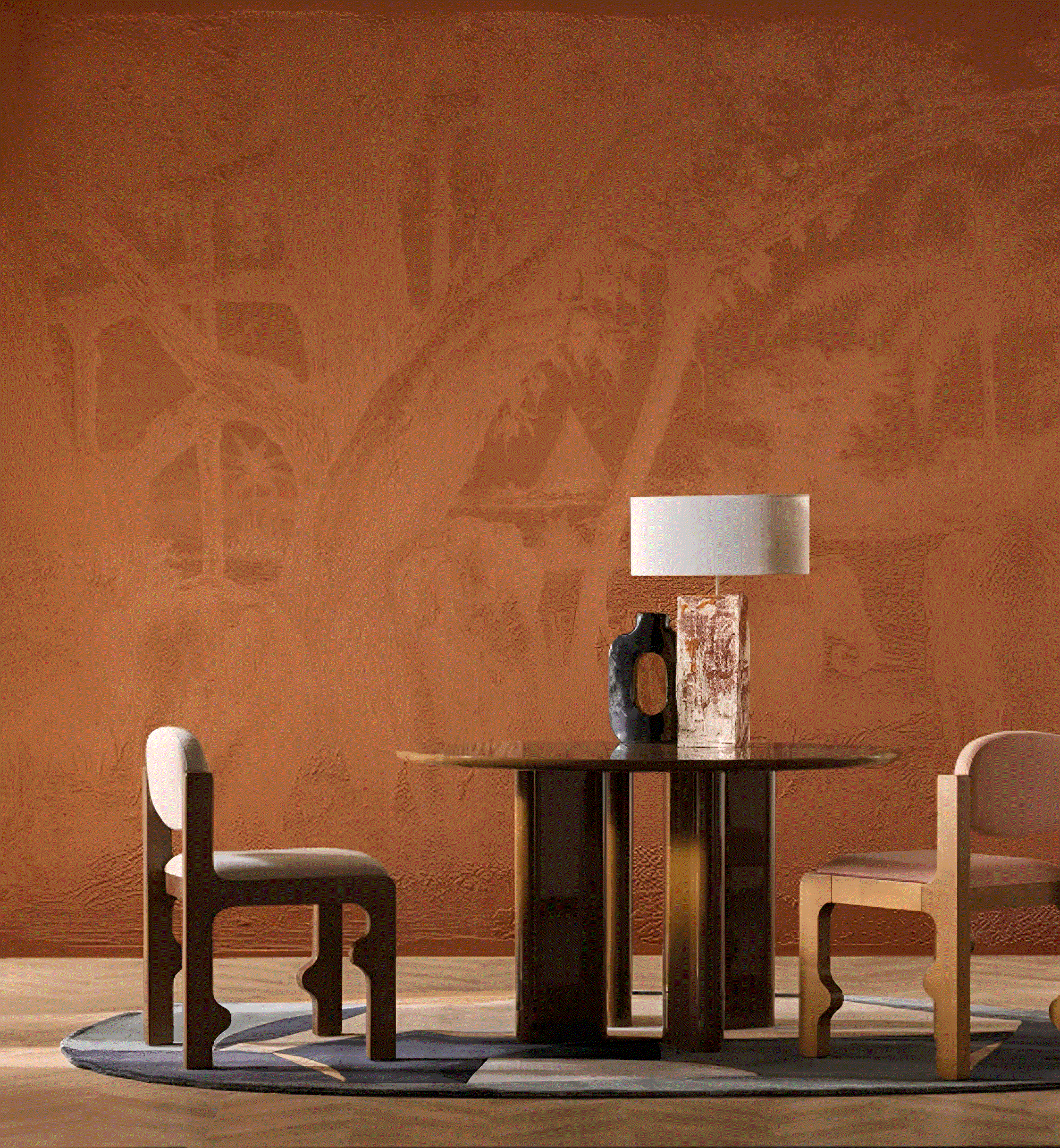 Muurschildering textielstructuur 3D met dierenmotief MAXIMUS - TERRACOTTA terakota