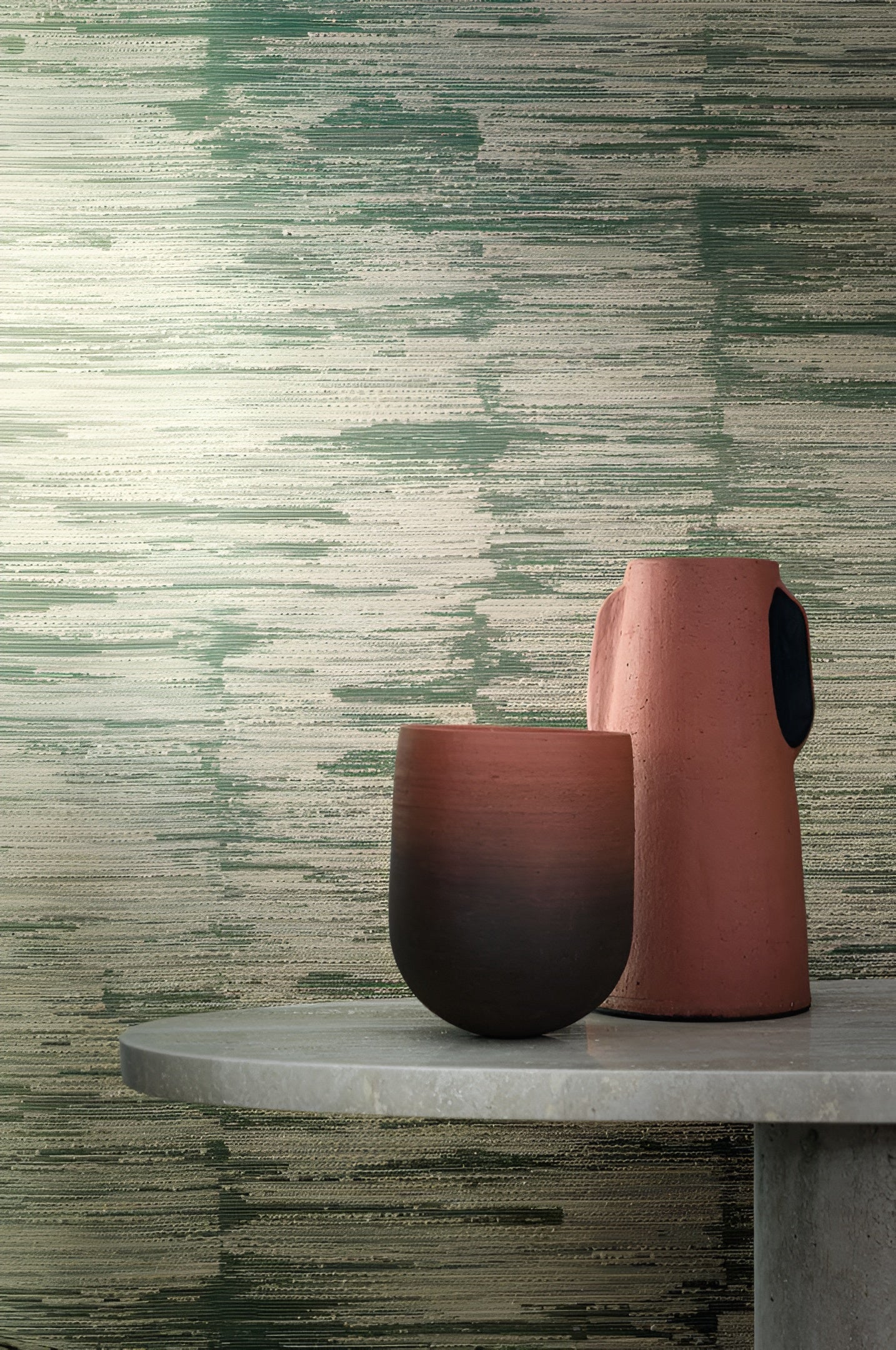 Textile wallpaper with a structured stripe design ALCHEMILLA - TAUPE/MORDORÉ brown with beige