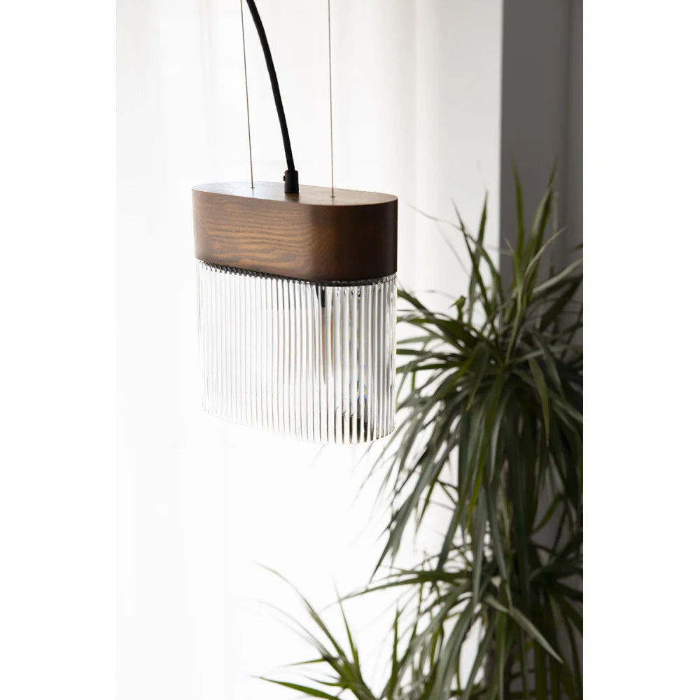 Hanglamp FLUMINA geribbeld glas en zwart essenhout