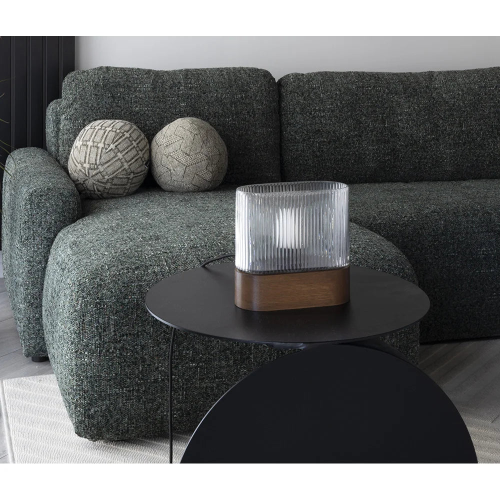 Tafellamp FLUMINA met geribbeld glas en essenhout