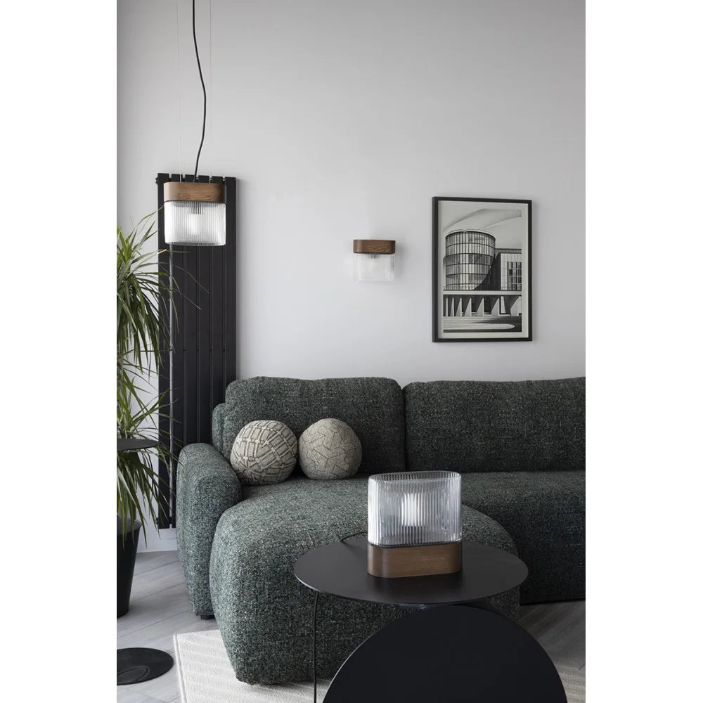 FLUMINA wall lamp with ribbed glass and black ash wood