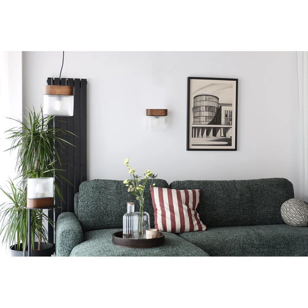 FLUMINA wall lamp with ribbed glass and black ash wood