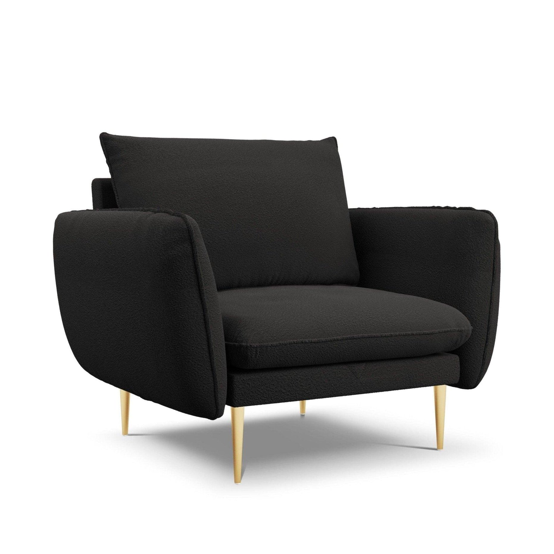 Fotel w tkaninie boucle VIENNA czarny ze złotą podstawą Cosmopolitan Design Eye on Design