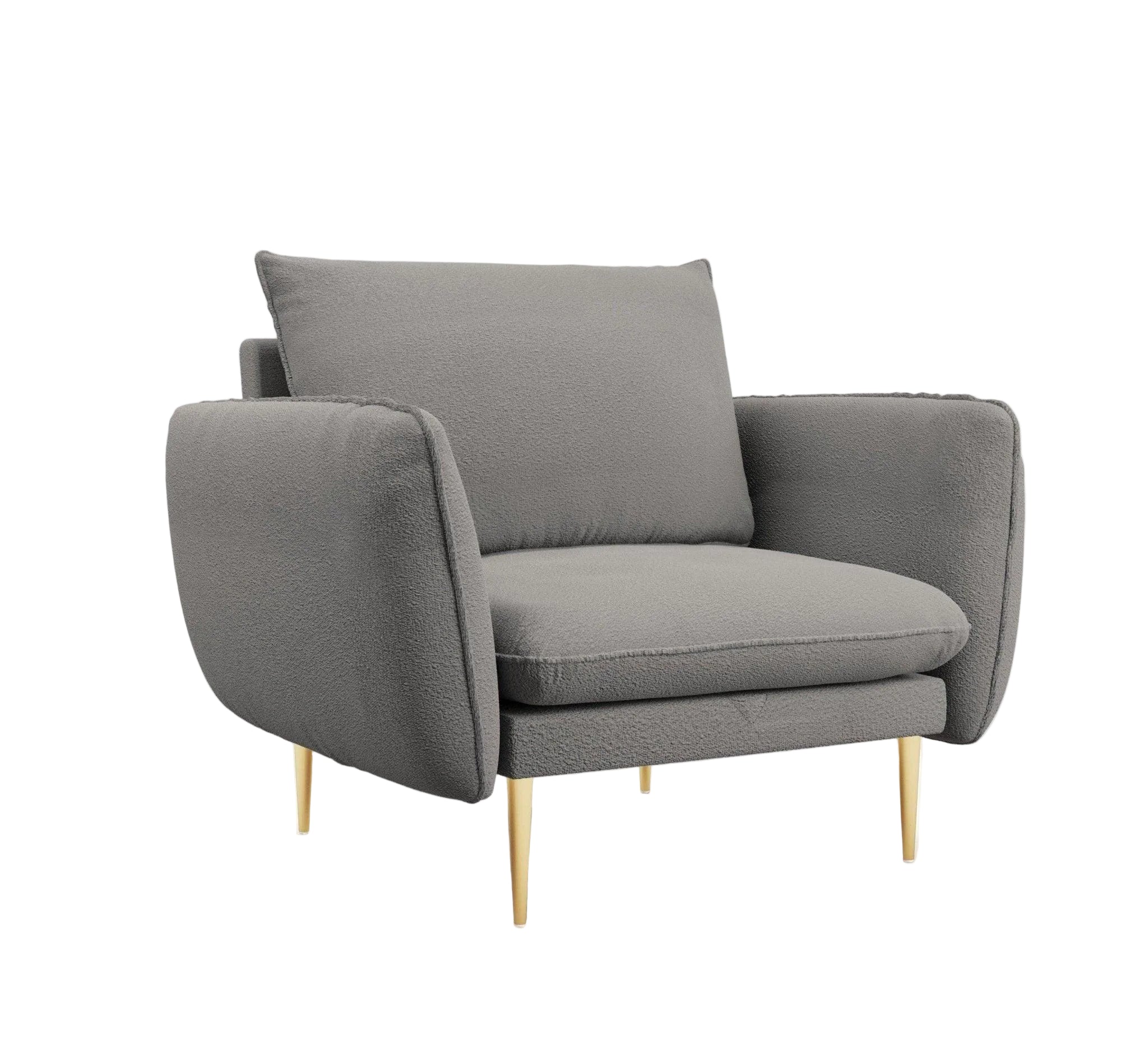 Fotel w tkaninie boucle VIENNA szary ze złotą podstawą Cosmopolitan Design Eye on Design