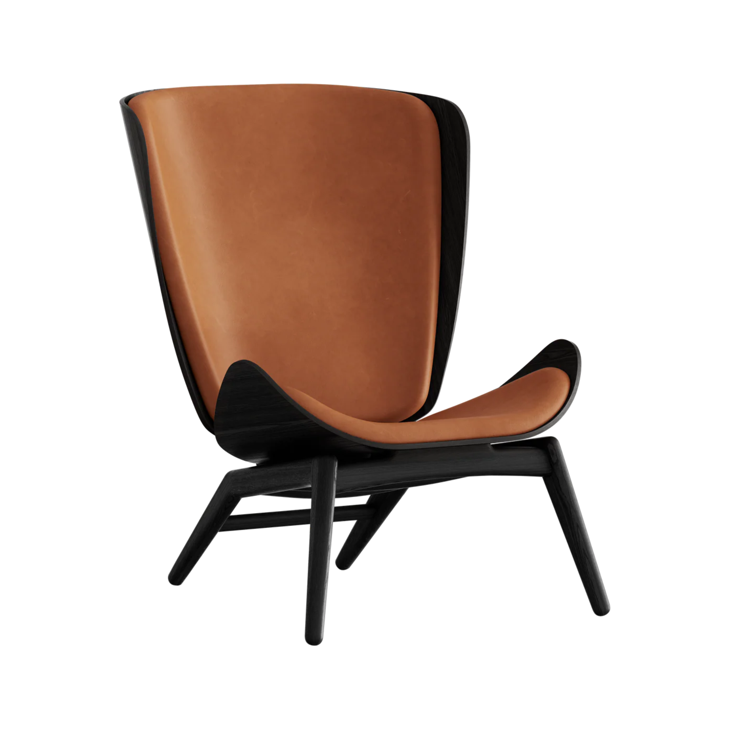 READER armchair in cognac leather with black base