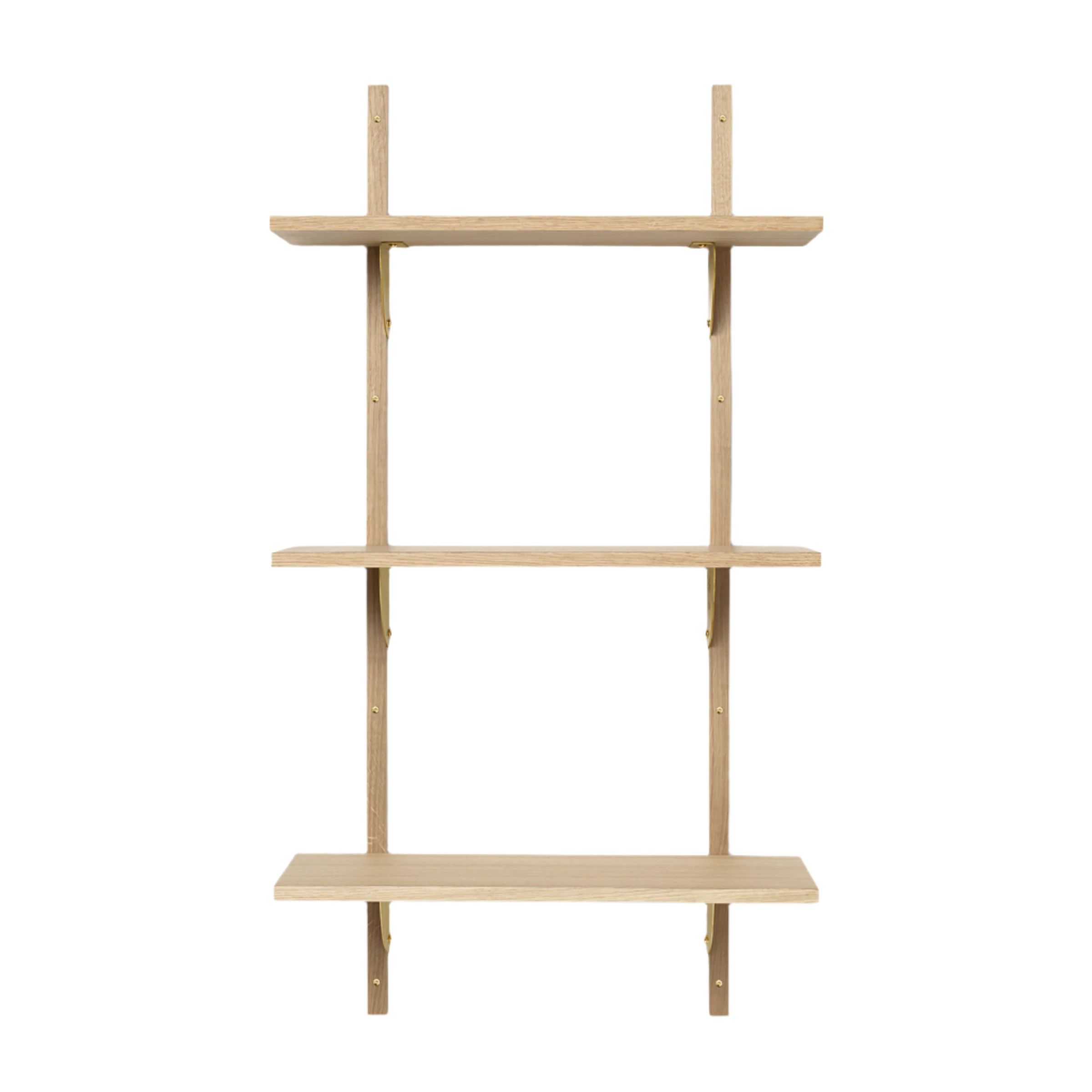 SECTOR TRIPLE NARROW shelf in oak veneer with a brass finish