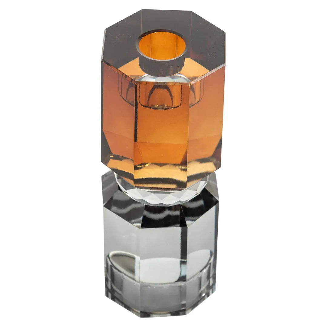 Grijze THYRA glazen kaarsenhouder met amberkleurige accenten