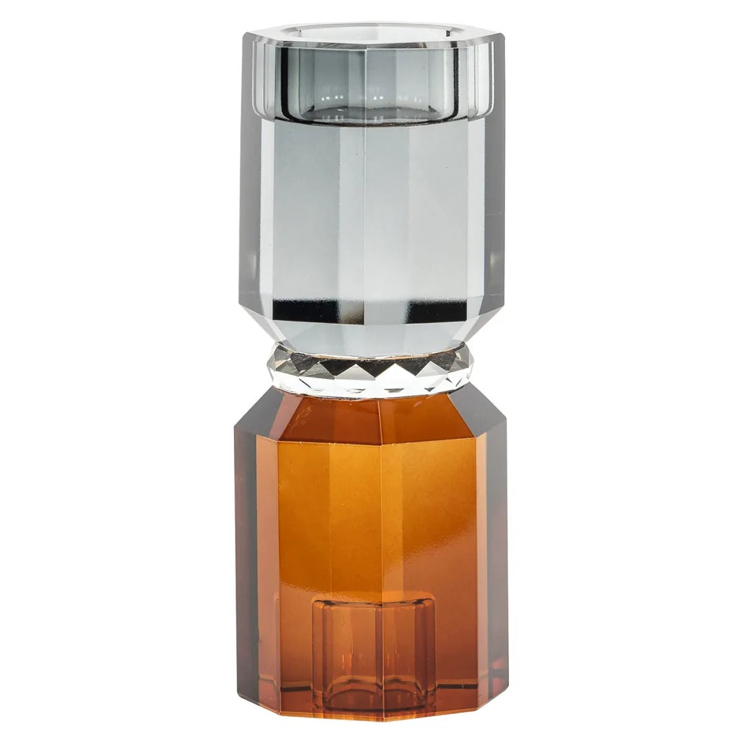 Grijze THYRA glazen kaarsenhouder met amberkleurige accenten