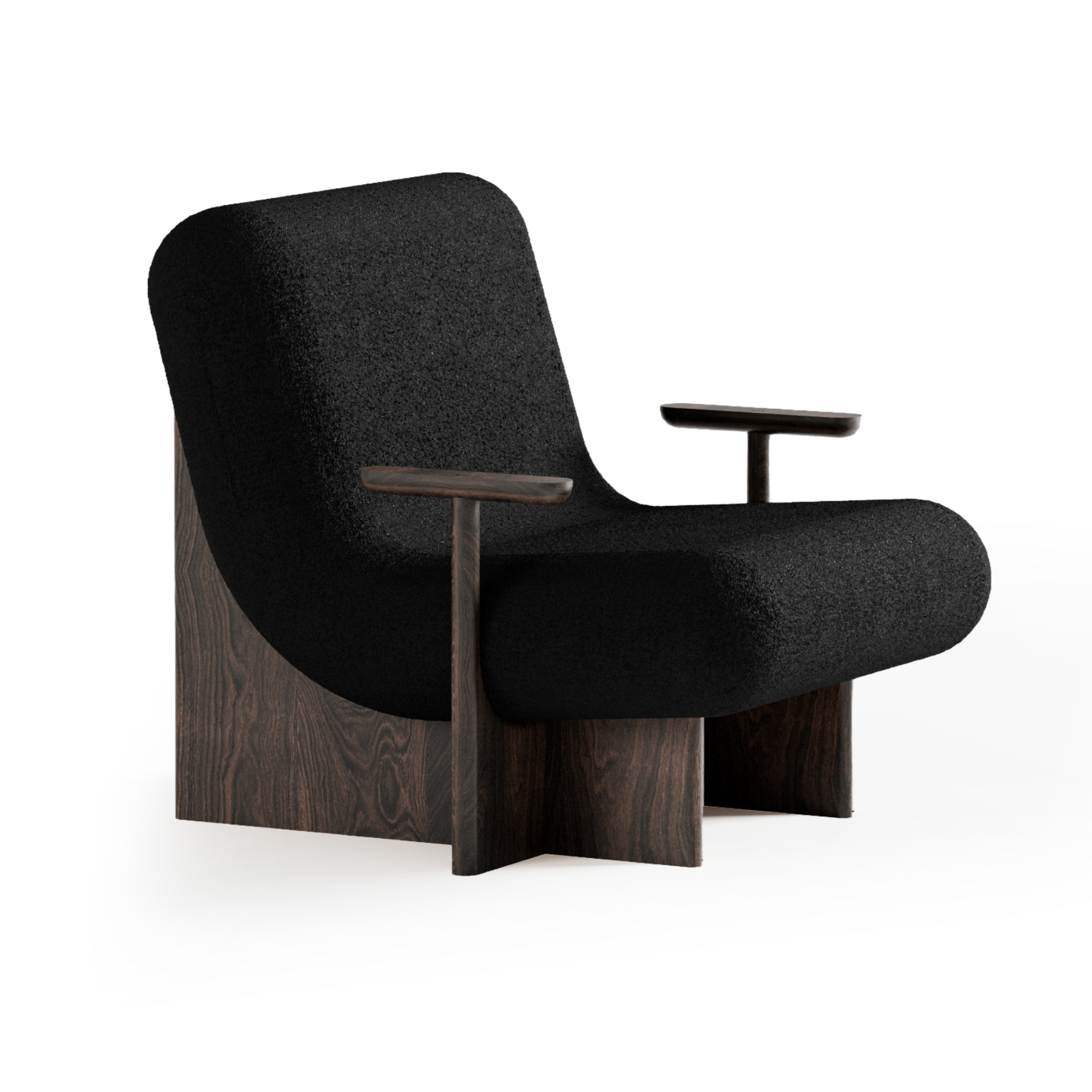 Zwarte KIVO fauteuil met een basis van ebbenhout en eikenhout