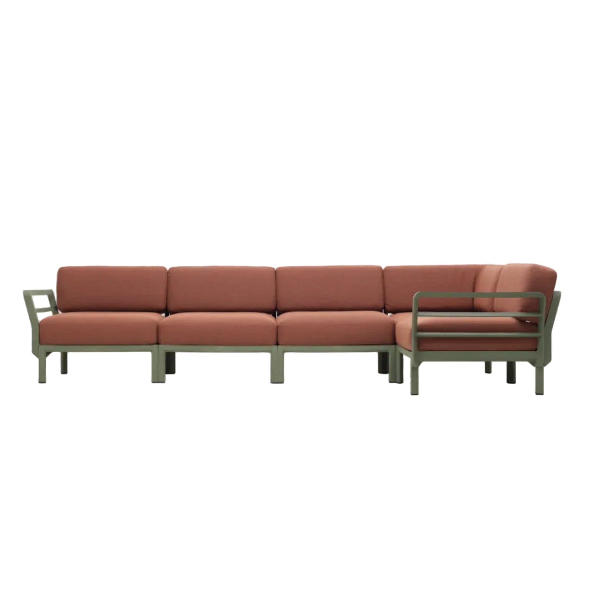 Modularer Außen-Ecksofa MAXIMO 5 in Zimt mit grünem Gestell