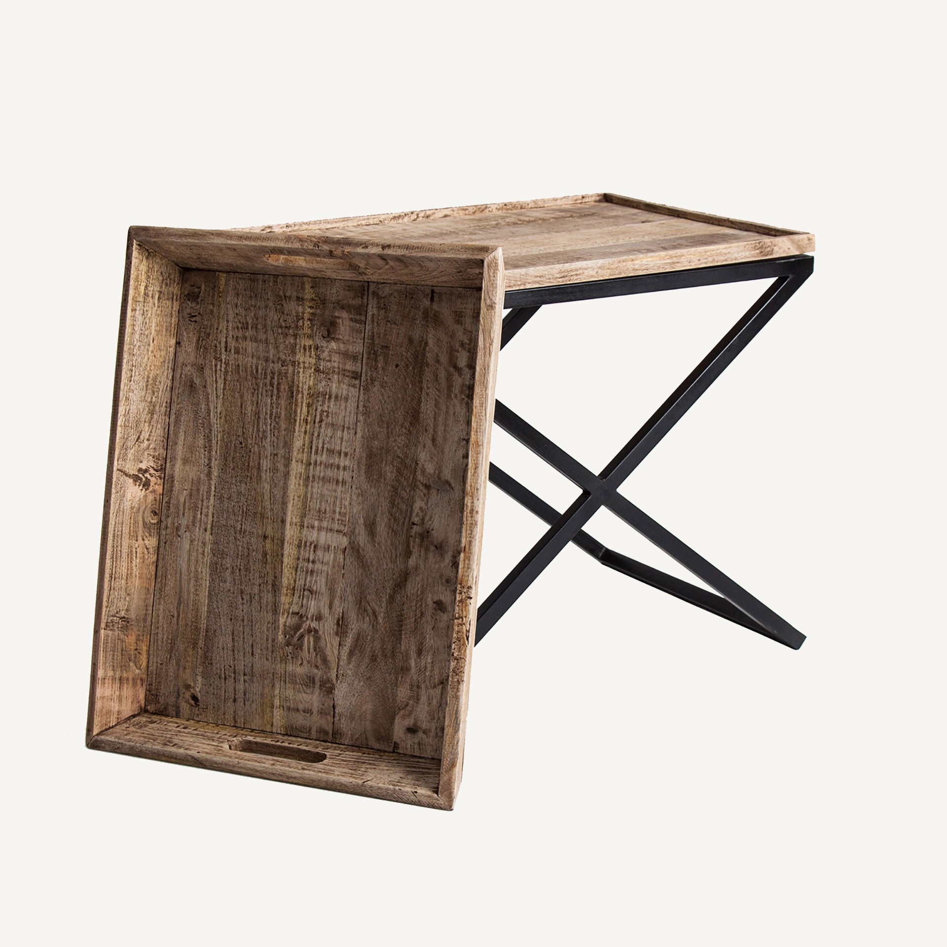 Beistelltisch mit Tablett NEWAK aus Mangoholz mit schwarzem Metallgestell