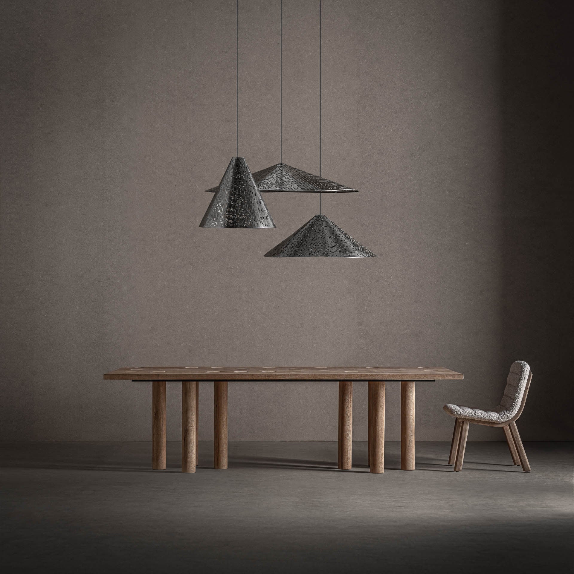 JACQUARD tafel van mango-hout met travertijn afwerking
