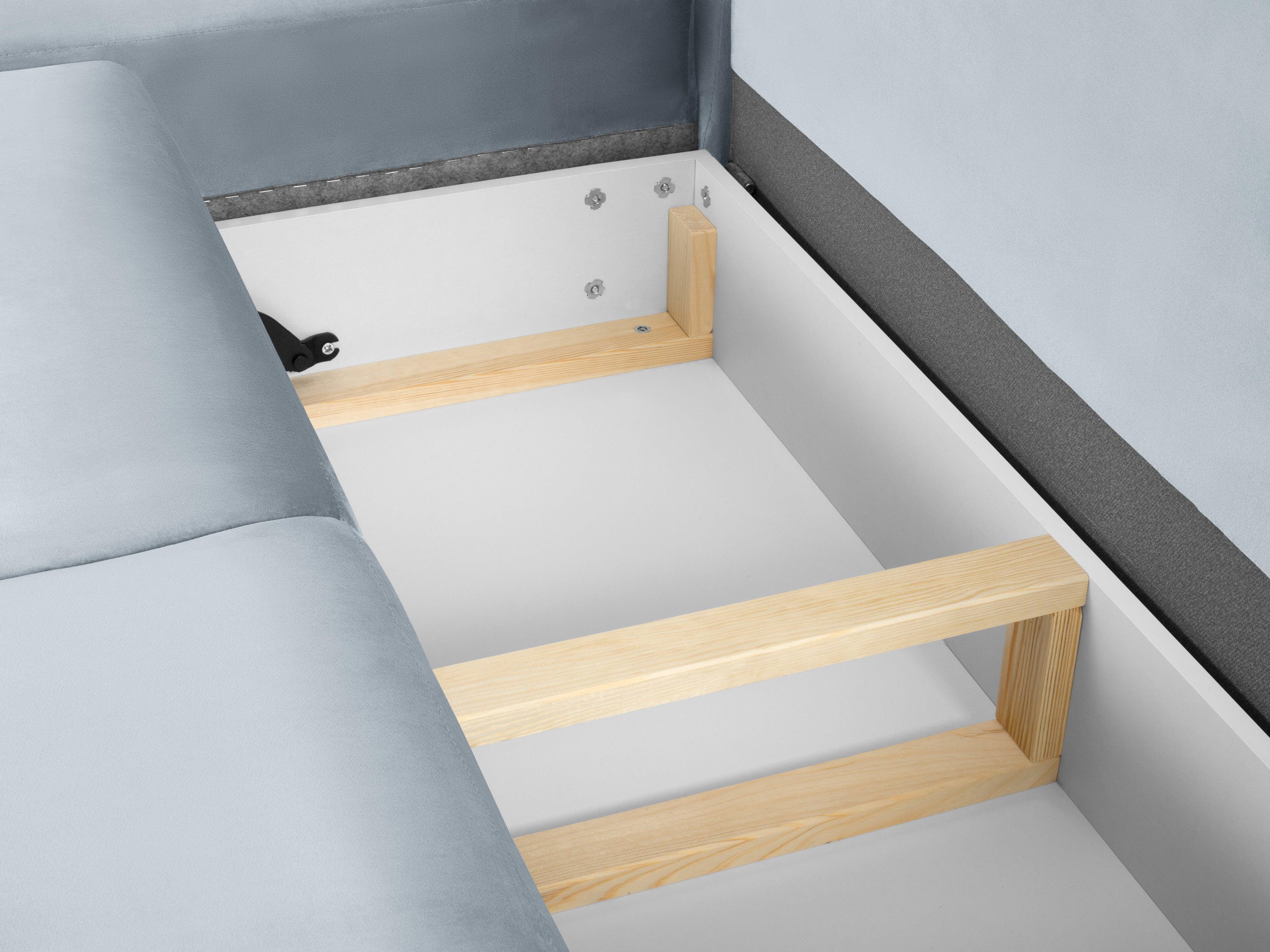 Narożnik 5-osobowy lewostronny z funkcją spania KYOTO jasnoniebieski ze złotą podstawą Cosmopolitan Design Eye on Design