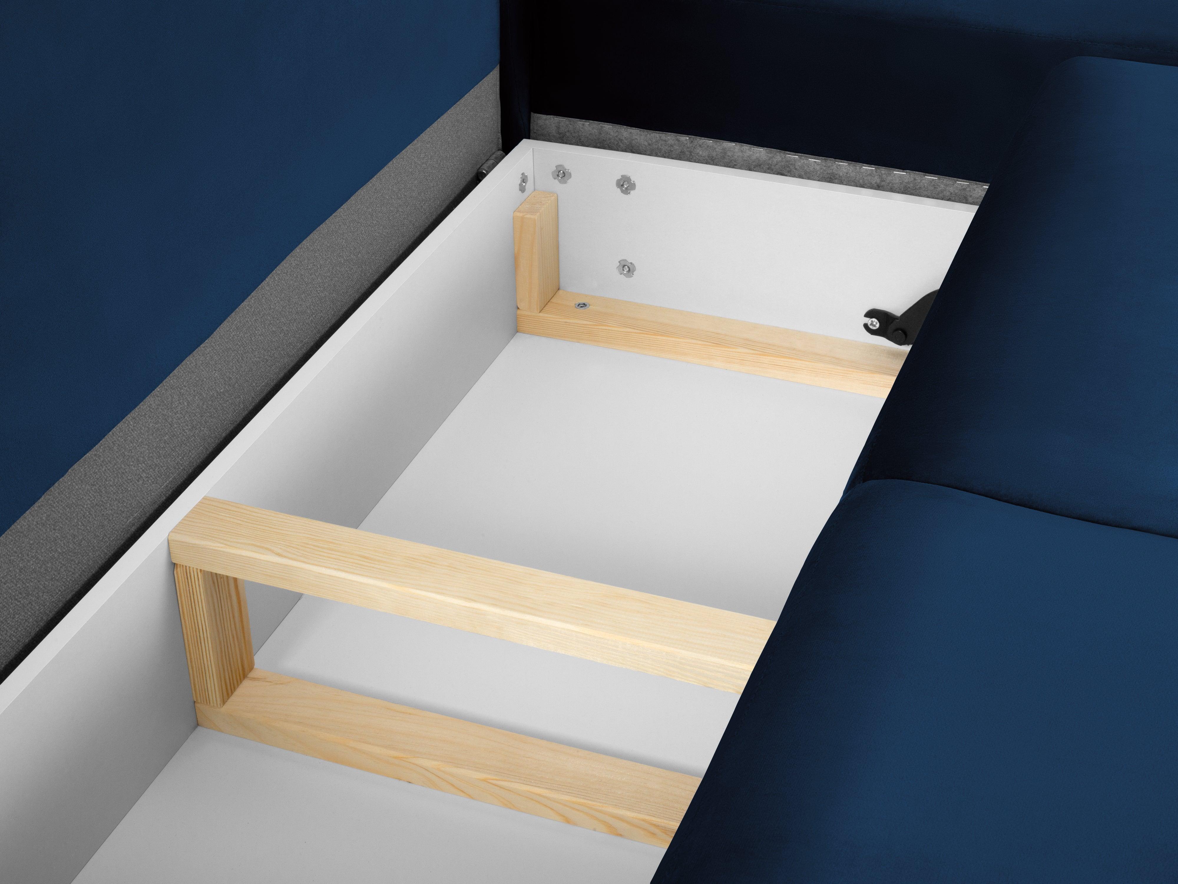 Narożnik 5-osobowy prawostronny z funkcją spania KYOTO niebieski ze złotą podstawą Cosmopolitan Design Eye on Design