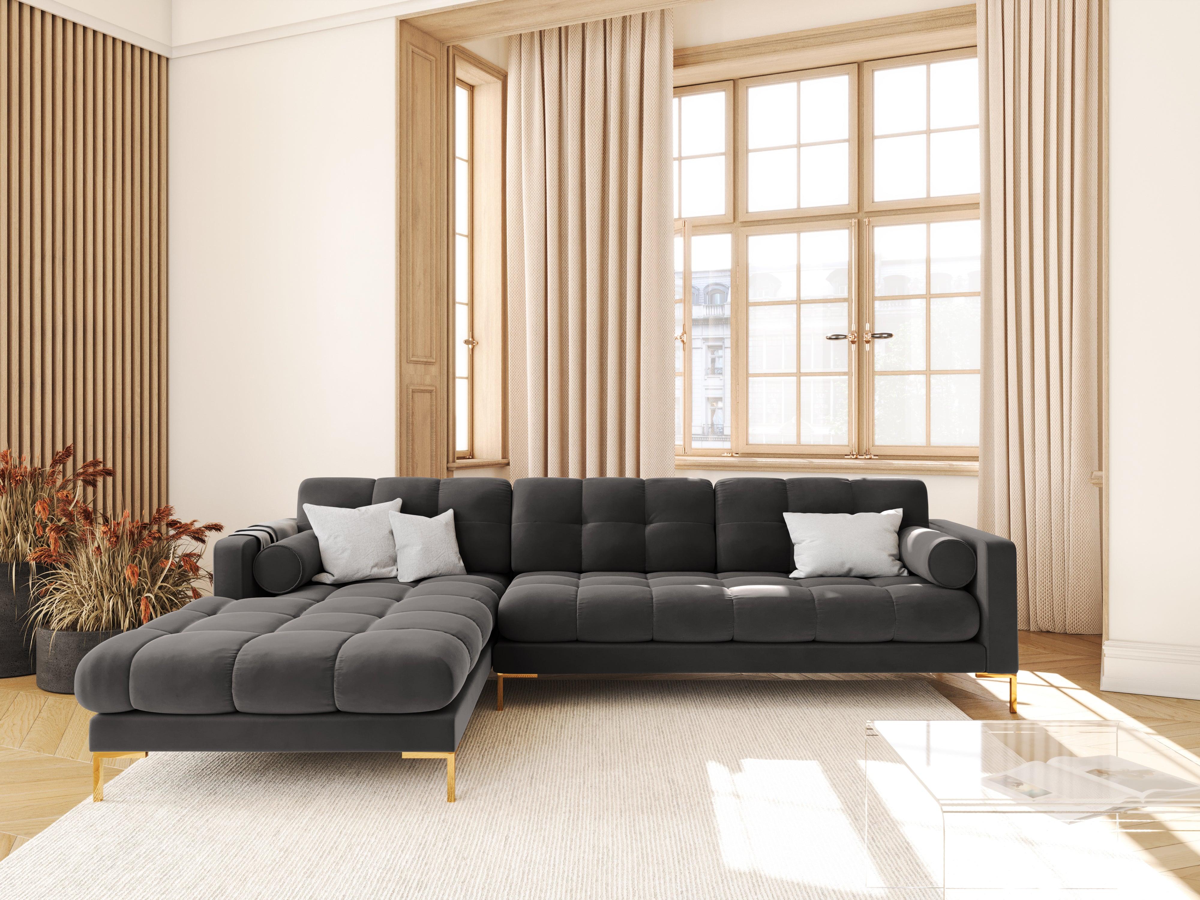 Narożnik aksamitny lewostronny BALI ciemnoszary ze złotą podstawą Cosmopolitan Design Eye on Design