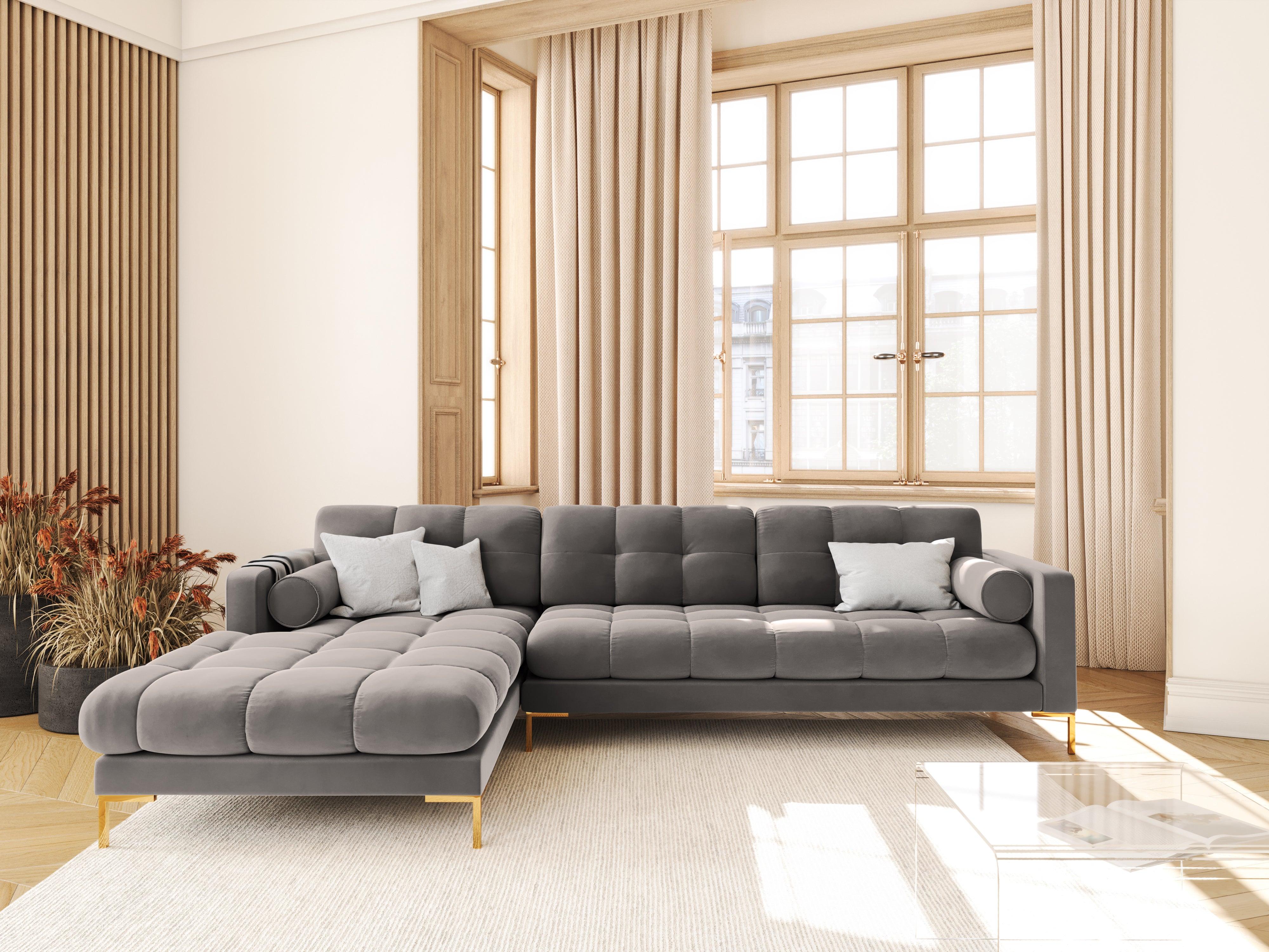 Narożnik aksamitny lewostronny BALI jasnoszary ze złotą podstawą Cosmopolitan Design Eye on Design