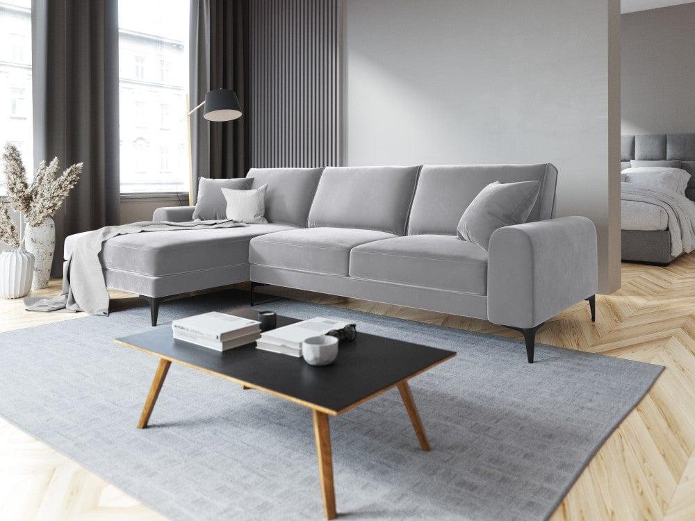 Narożnik aksamitny lewostronny MADARA srebrny z czarną podstawą Mazzini Sofas Eye on Design