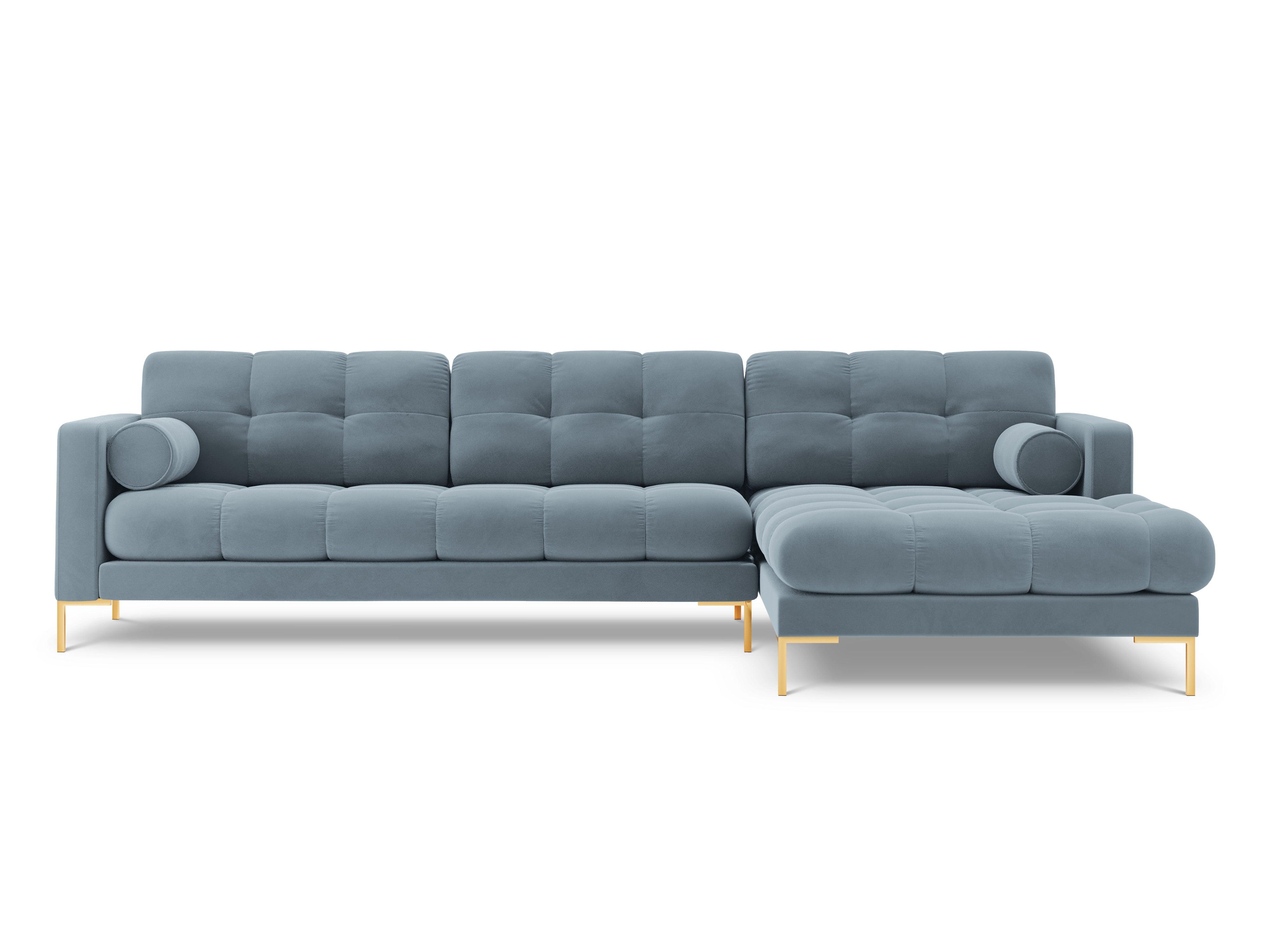 Narożnik aksamitny prawostronny BALI jasnoniebieski ze złotą podstawą Cosmopolitan Design Eye on Design