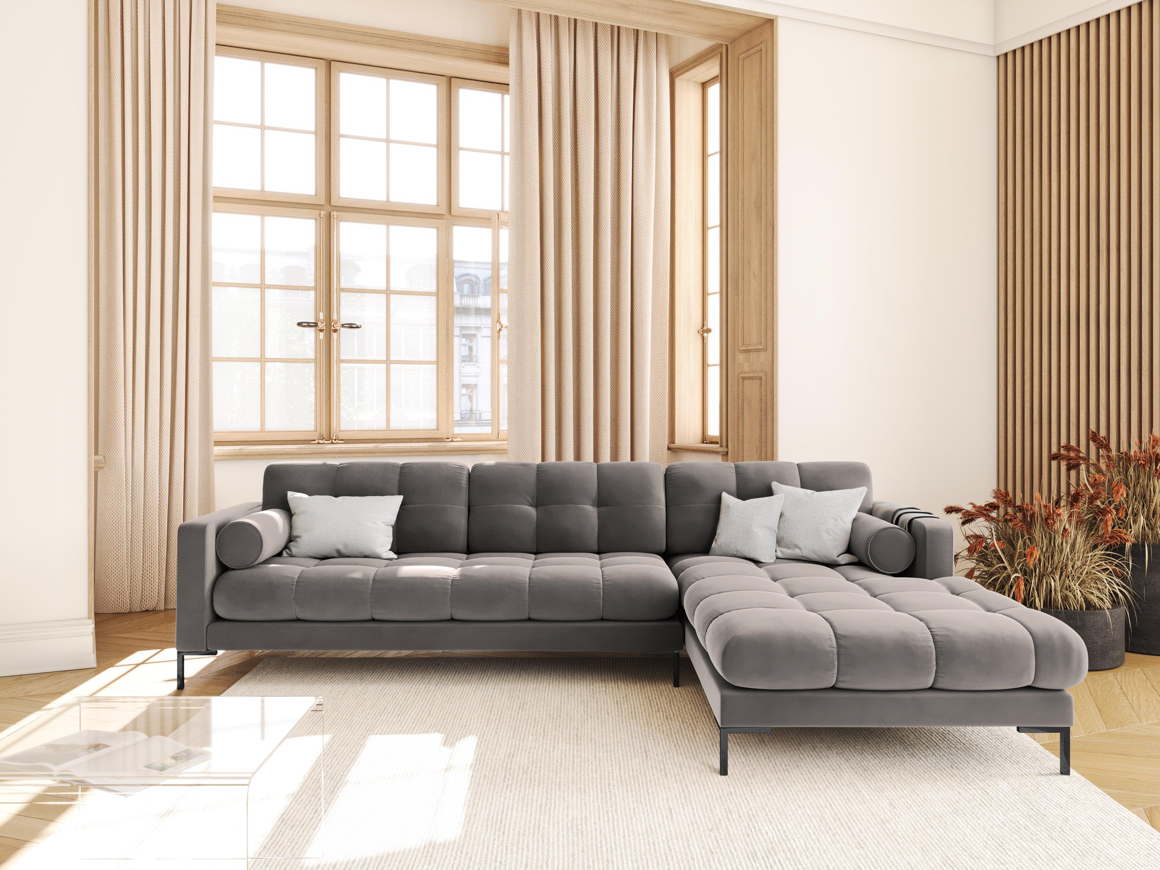 Narożnik aksamitny prawostronny BALI jasnoszary z czarną podstawą Cosmopolitan Design Eye on Design