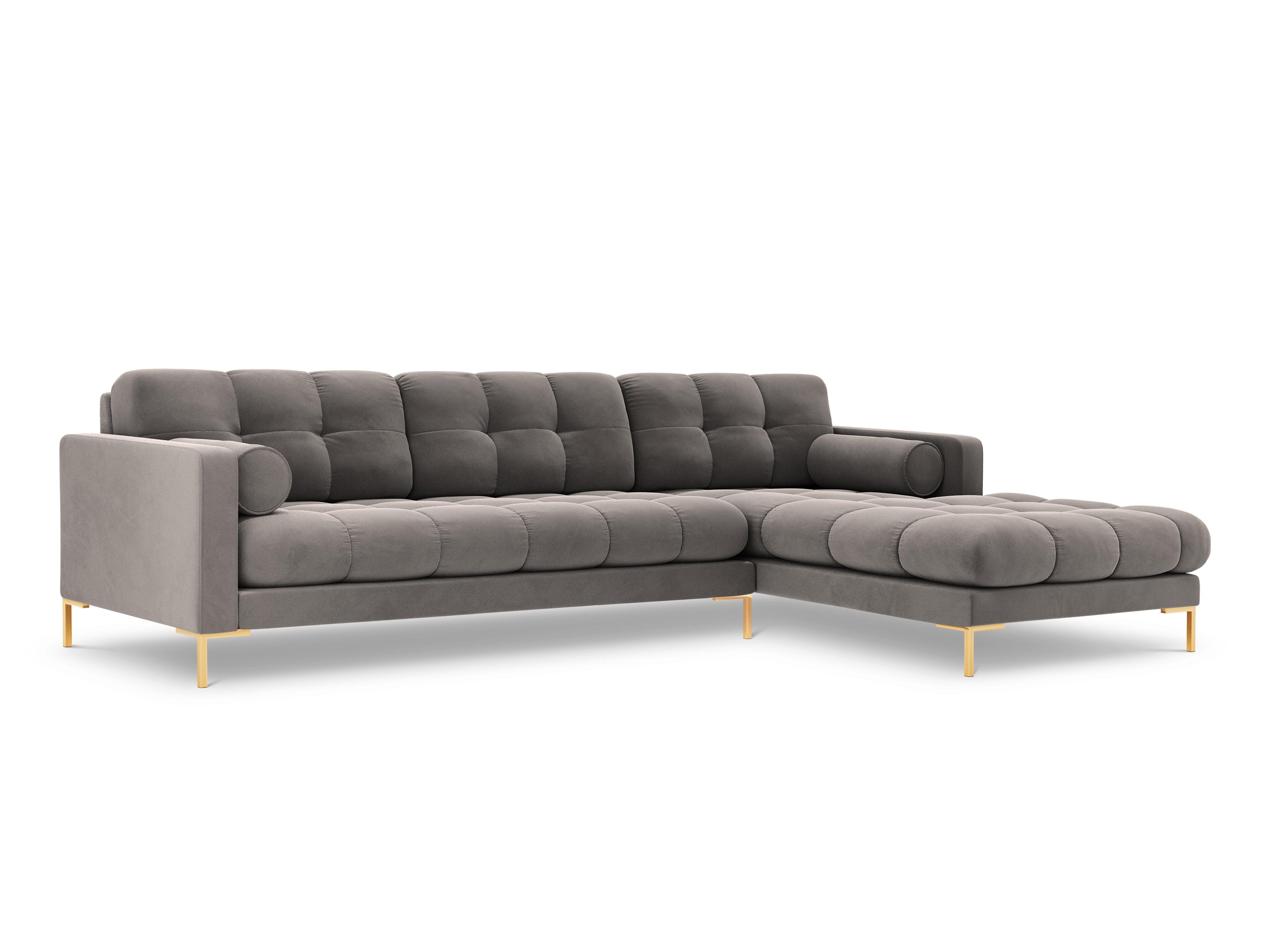 Narożnik aksamitny prawostronny BALI jasnoszary ze złotą podstawą Cosmopolitan Design Eye on Design
