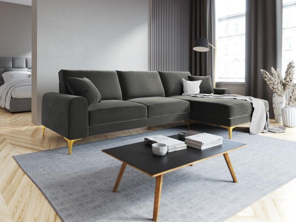 Narożnik aksamitny prawostronny MADARA ciemnoszary ze złotą podstawą Mazzini Sofas Eye on Design