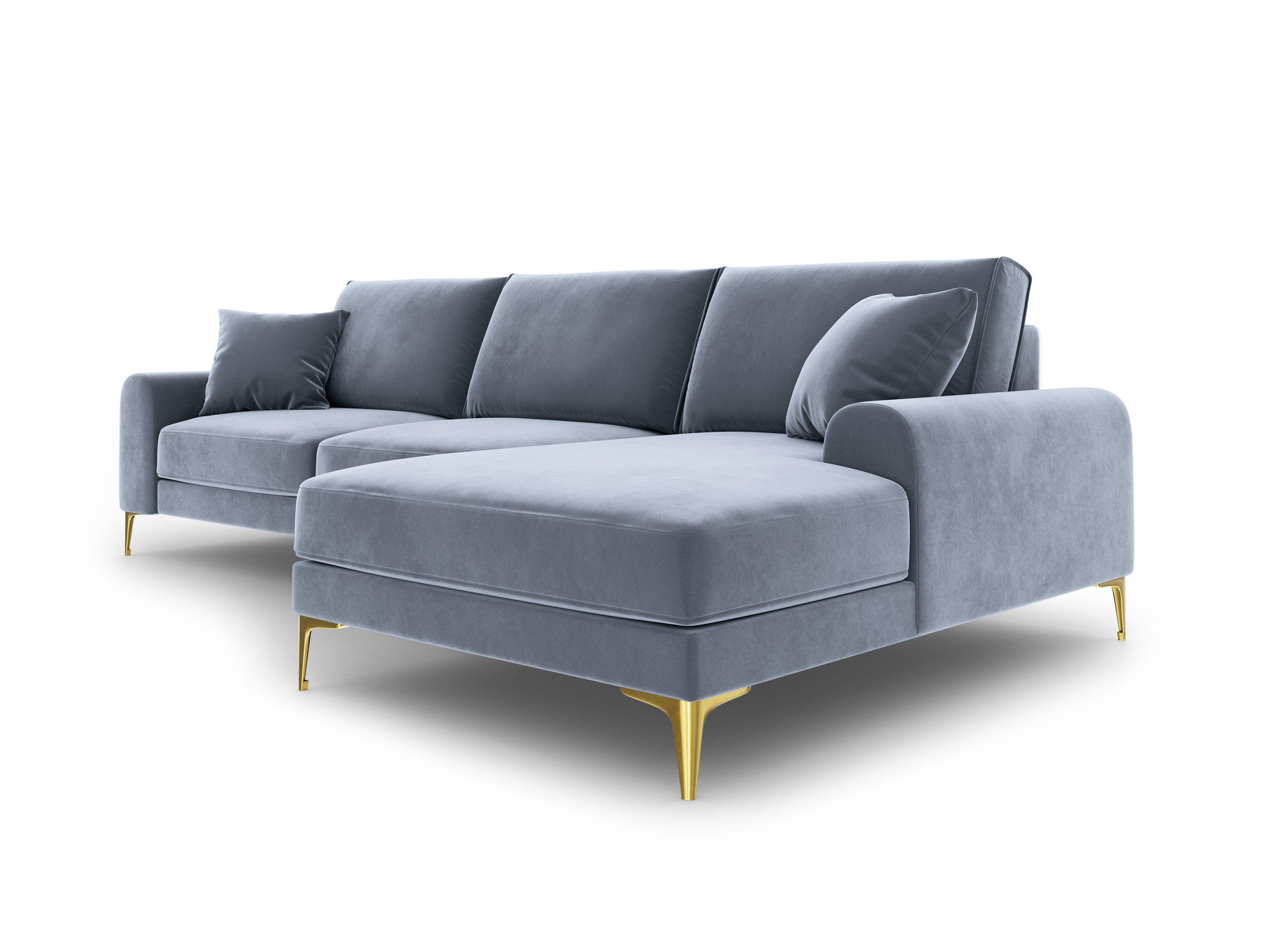 Narożnik aksamitny prawostronny MADARA jasnoniebieski ze złotą podstawą Mazzini Sofas Eye on Design