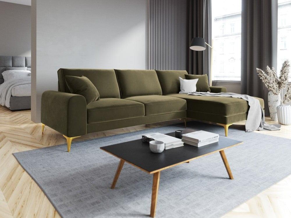 Narożnik aksamitny prawostronny MADARA zielony ze złotą podstawą Mazzini Sofas Eye on Design