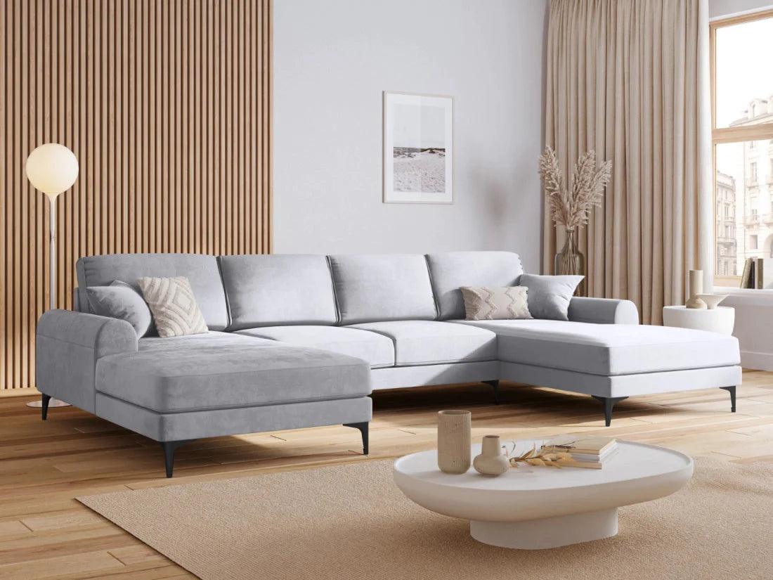 Narożnik aksamitny w kształcie U MADARA srebrny z czarną podstawą Mazzini Sofas Eye on Design