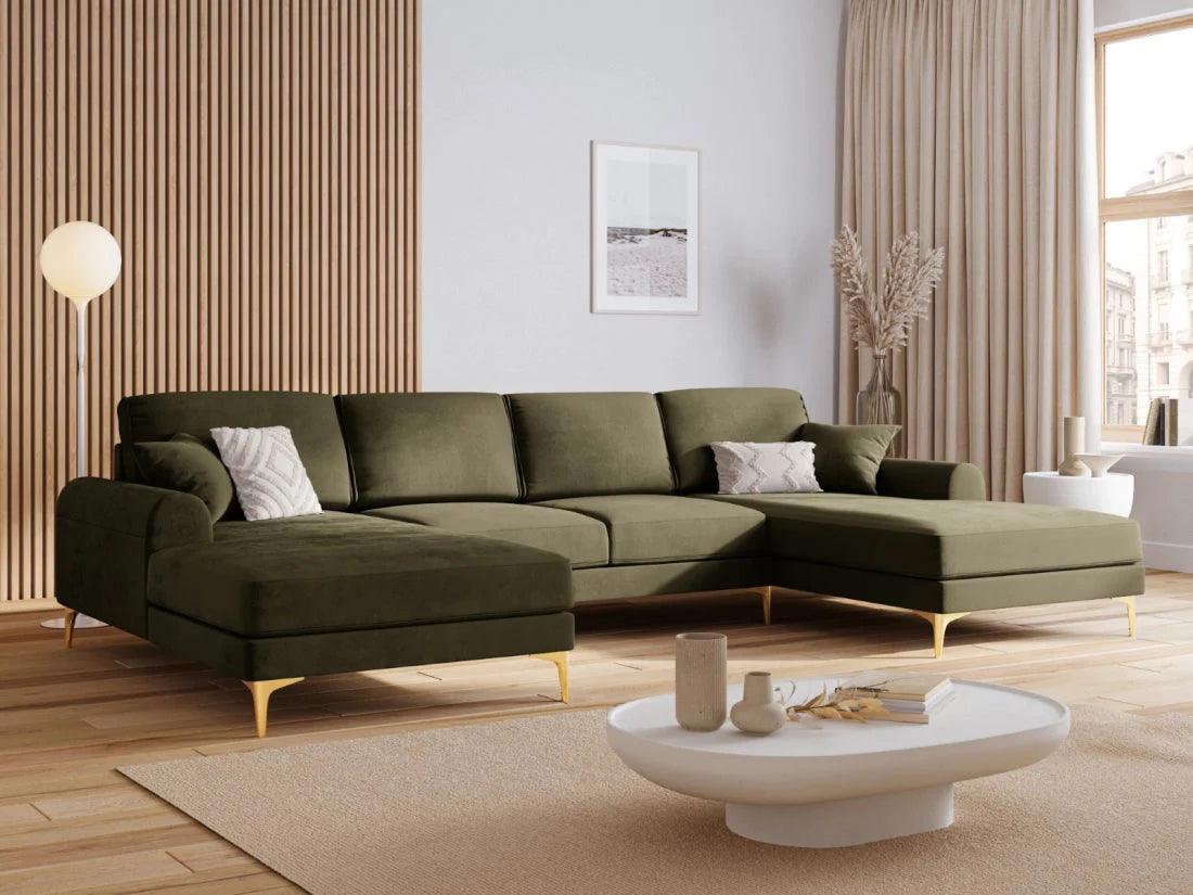 Narożnik aksamitny w kształcie U MADARA zielony ze złotą podstawą Mazzini Sofas Eye on Design