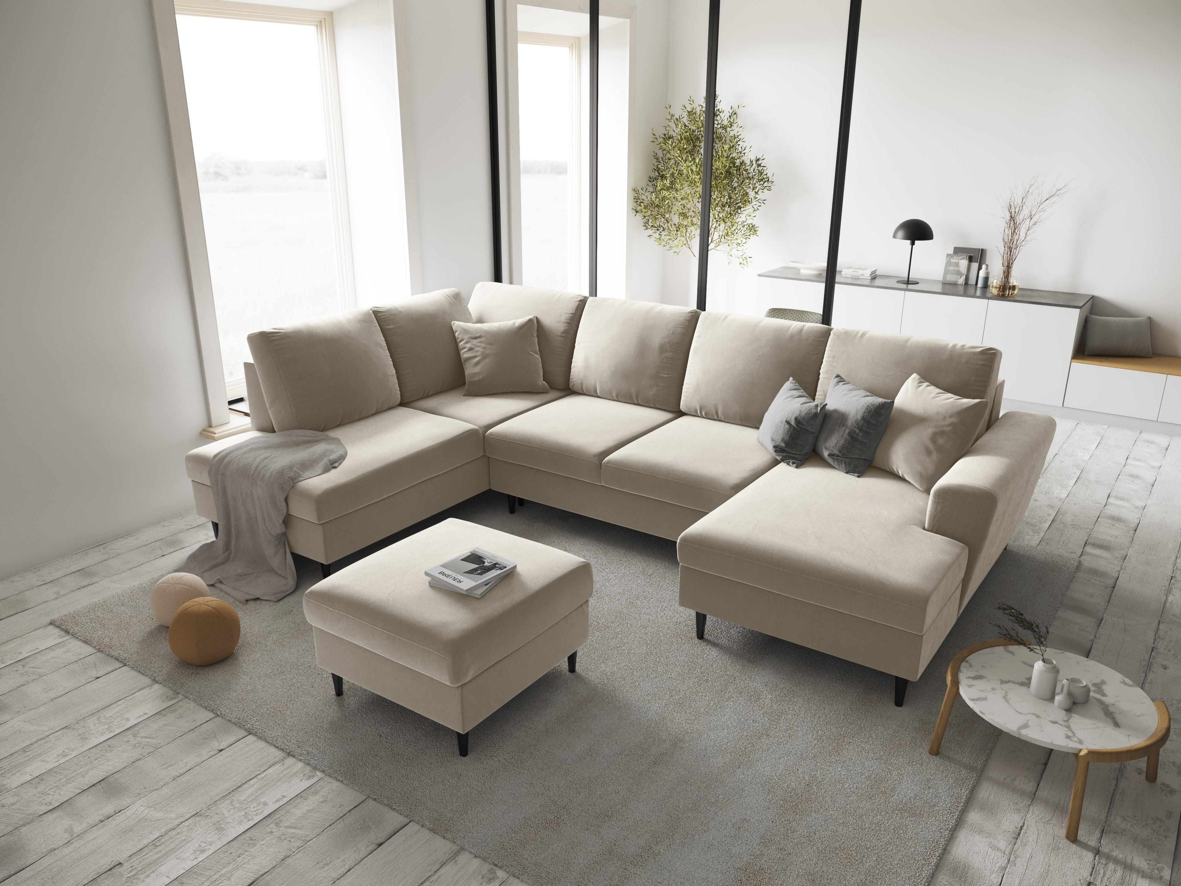 Narożnik lewostronny aksamitny panoramiczny z funkcją spania KYOTO beżowy z czarną podstawą Cosmopolitan Design Eye on Design