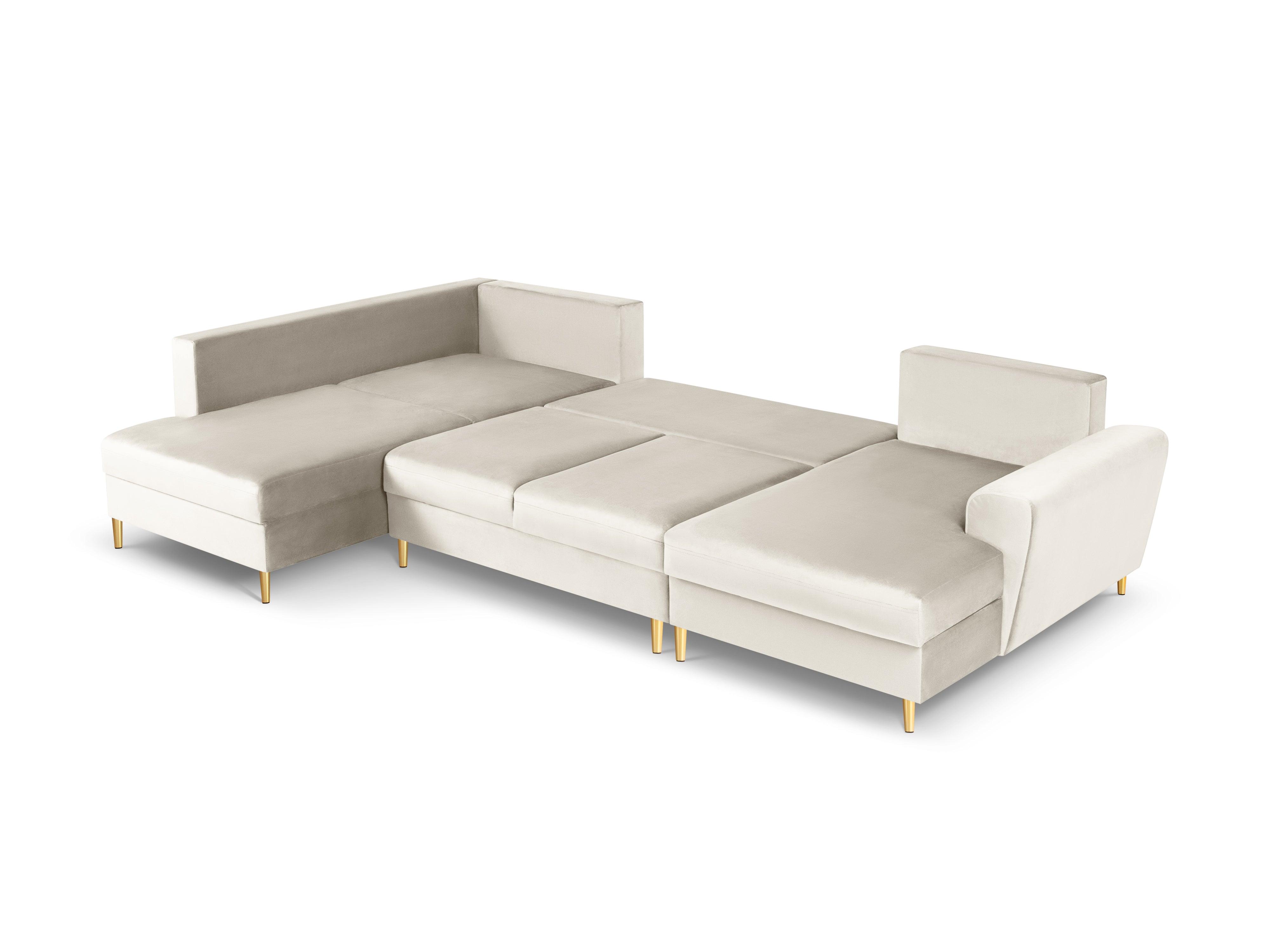 Narożnik lewostronny aksamitny panoramiczny z funkcją spania KYOTO beżowy ze złotą podstawą Cosmopolitan Design Eye on Design