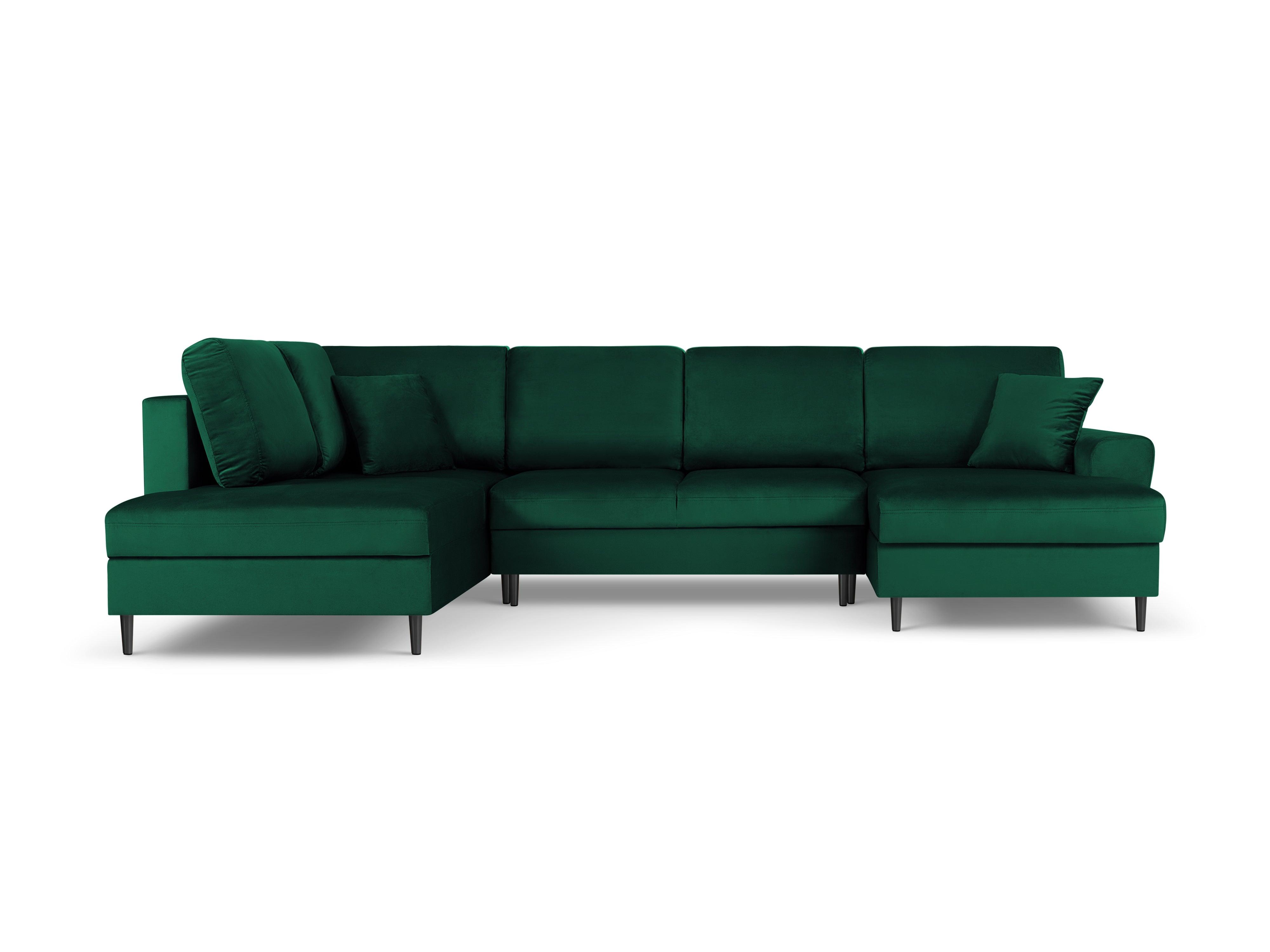 Narożnik lewostronny aksamitny panoramiczny z funkcją spania KYOTO butelkowa zieleń z czarną podstawą Cosmopolitan Design Eye on Design