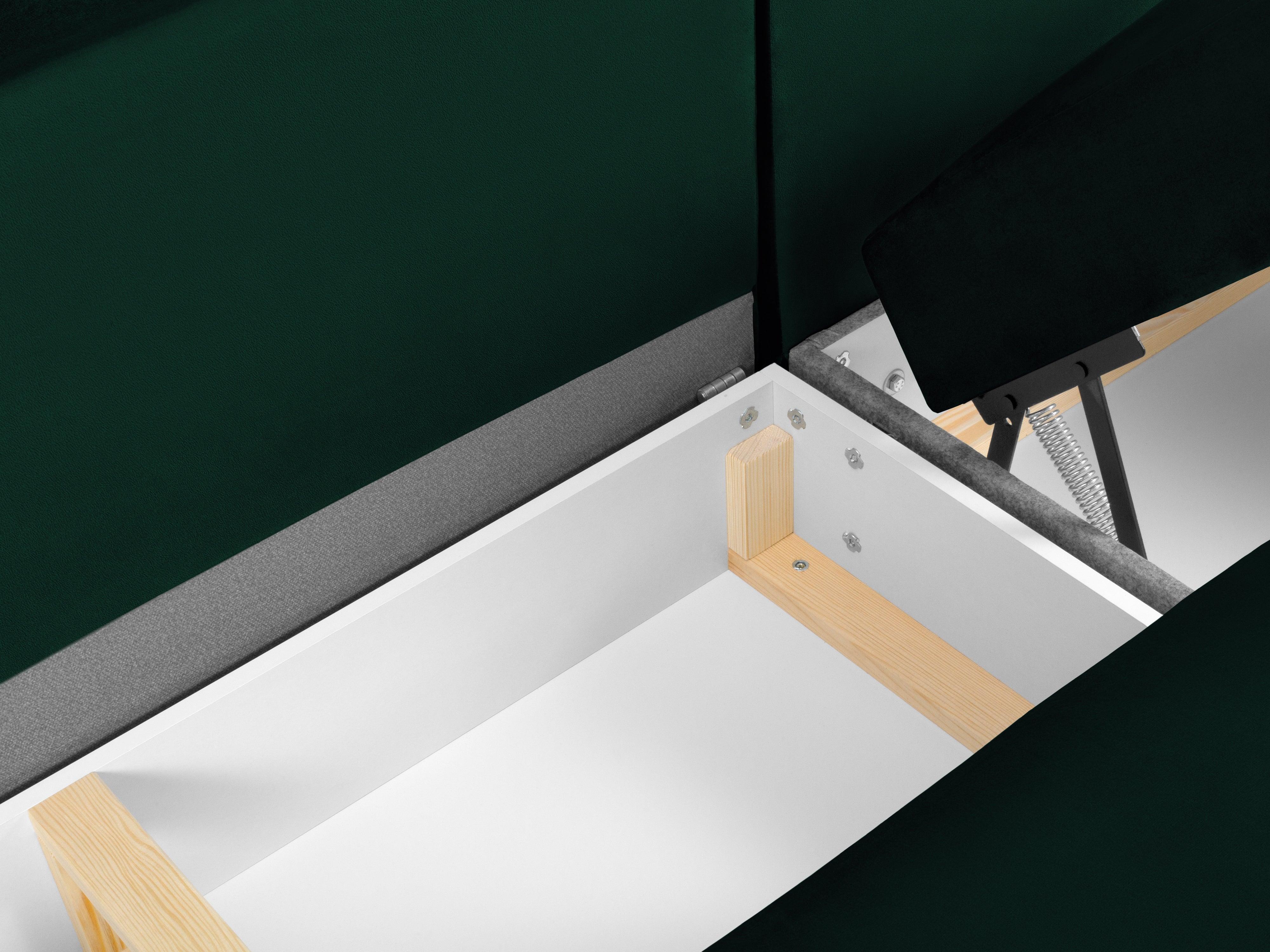 Narożnik lewostronny aksamitny panoramiczny z funkcją spania KYOTO butelkowa zieleń z czarną podstawą Cosmopolitan Design Eye on Design