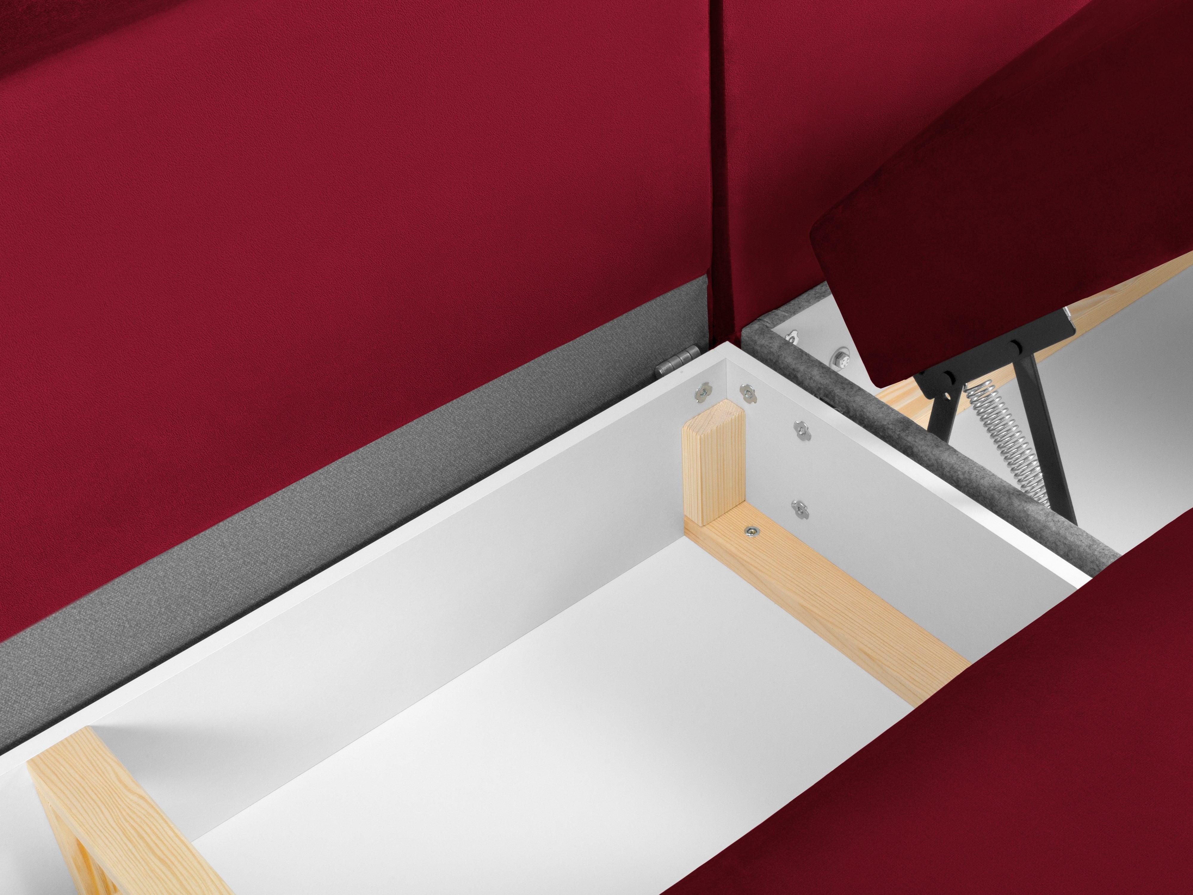 Narożnik lewostronny aksamitny panoramiczny z funkcją spania KYOTO czerwony z czarną podstawą Cosmopolitan Design Eye on Design