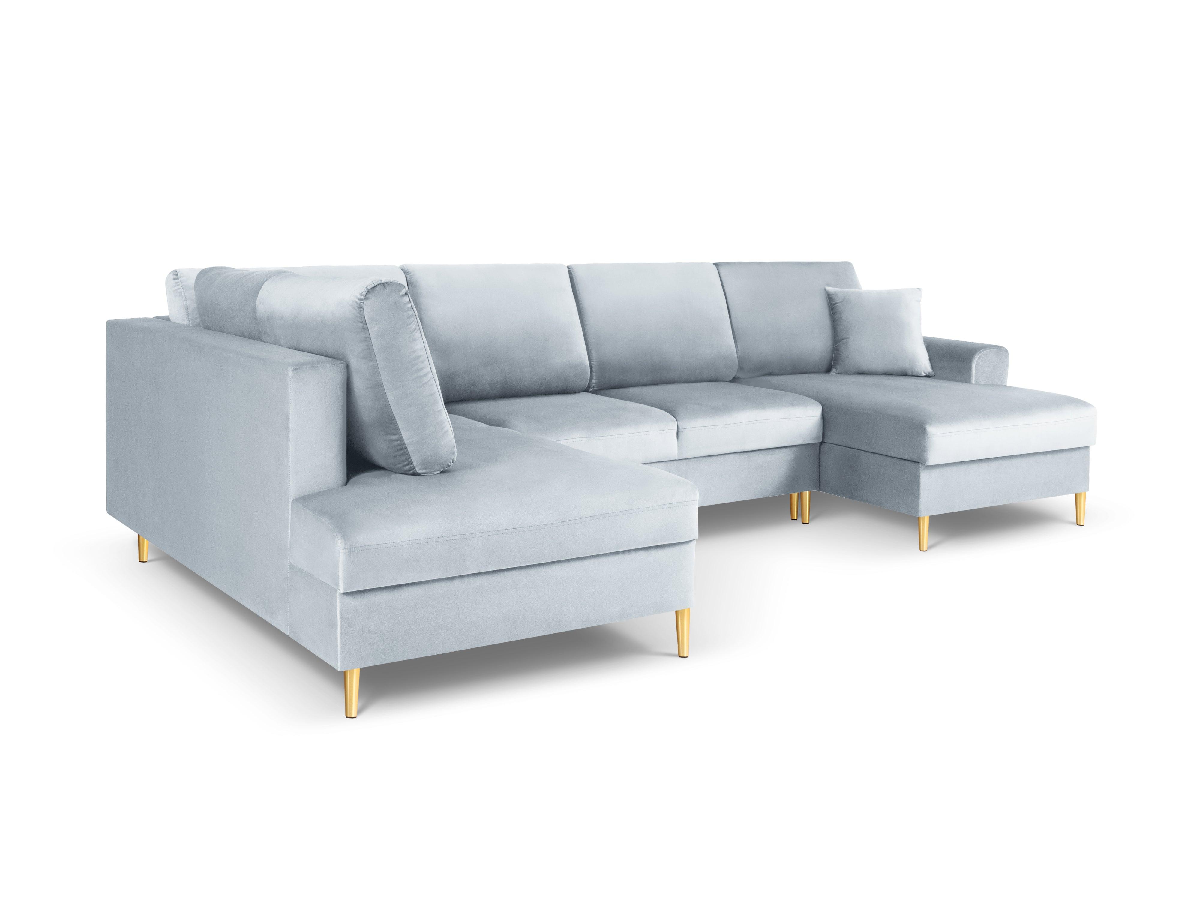 Narożnik lewostronny aksamitny panoramiczny z funkcją spania KYOTO jasnoniebieski ze złotą podstawą Cosmopolitan Design Eye on Design