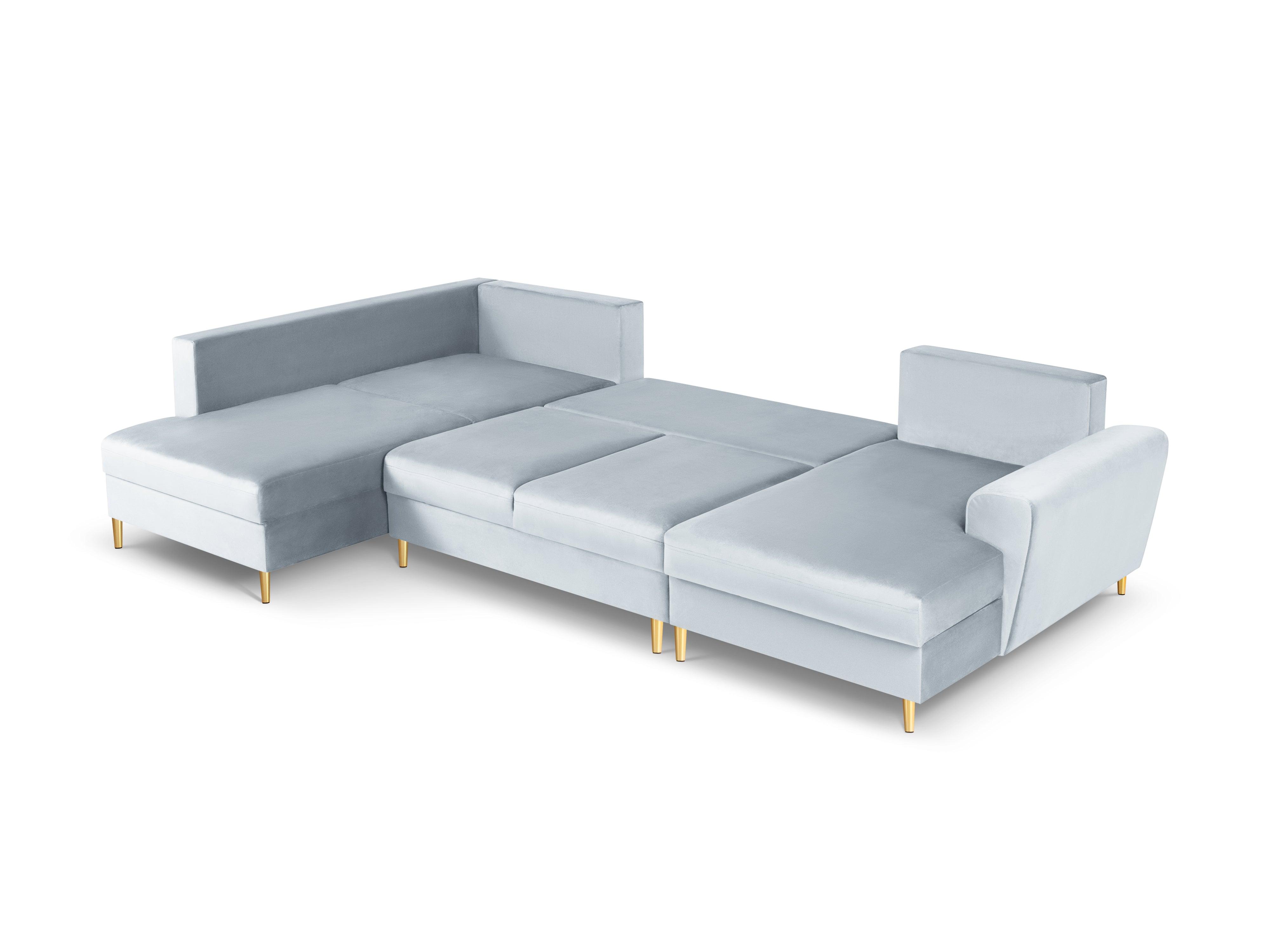 Narożnik lewostronny aksamitny panoramiczny z funkcją spania KYOTO jasnoniebieski ze złotą podstawą Cosmopolitan Design Eye on Design