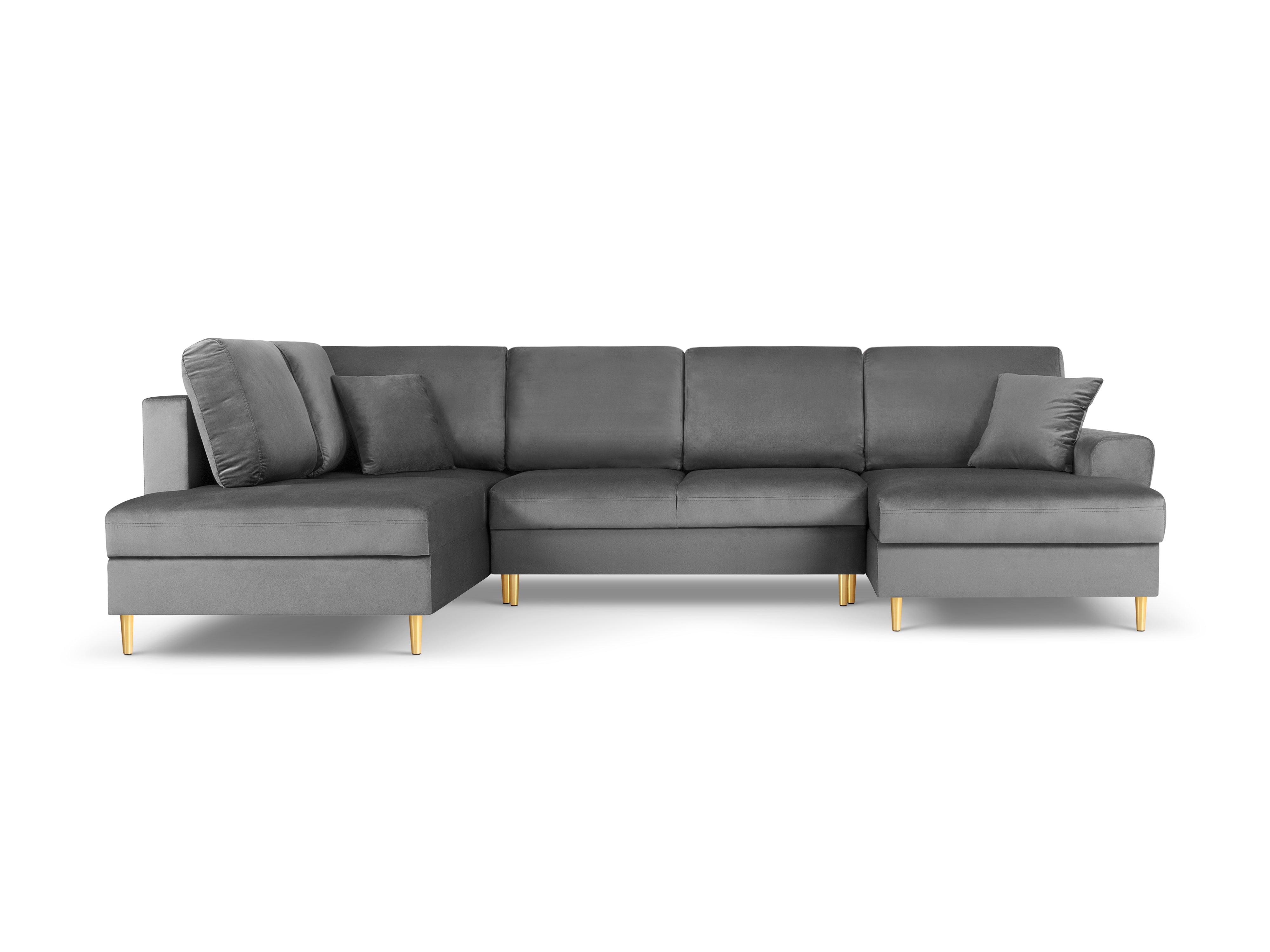 Narożnik lewostronny aksamitny panoramiczny z funkcją spania KYOTO jasnoszary ze złotą podstawą Cosmopolitan Design Eye on Design