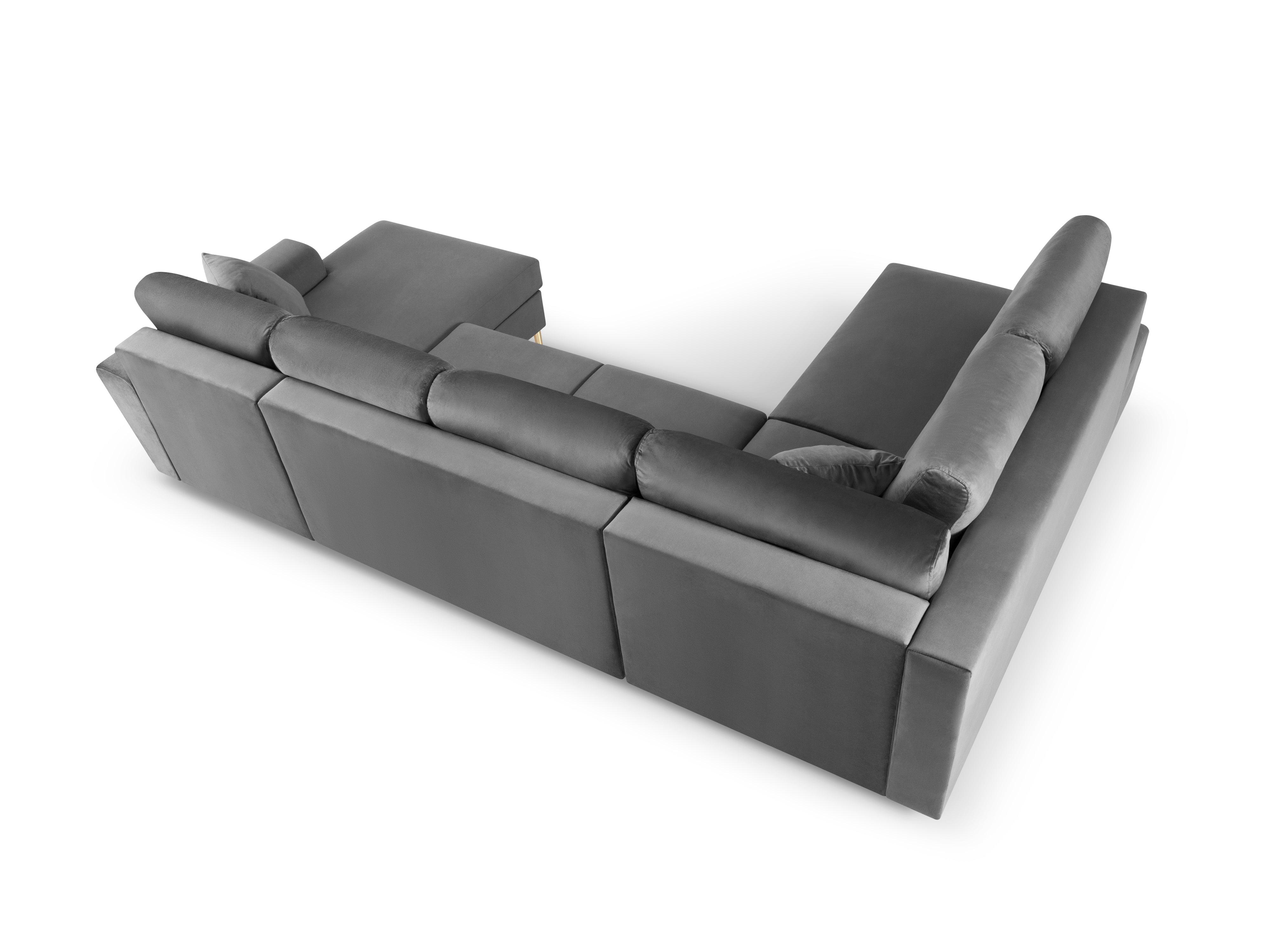 Narożnik lewostronny aksamitny panoramiczny z funkcją spania KYOTO jasnoszary ze złotą podstawą Cosmopolitan Design Eye on Design